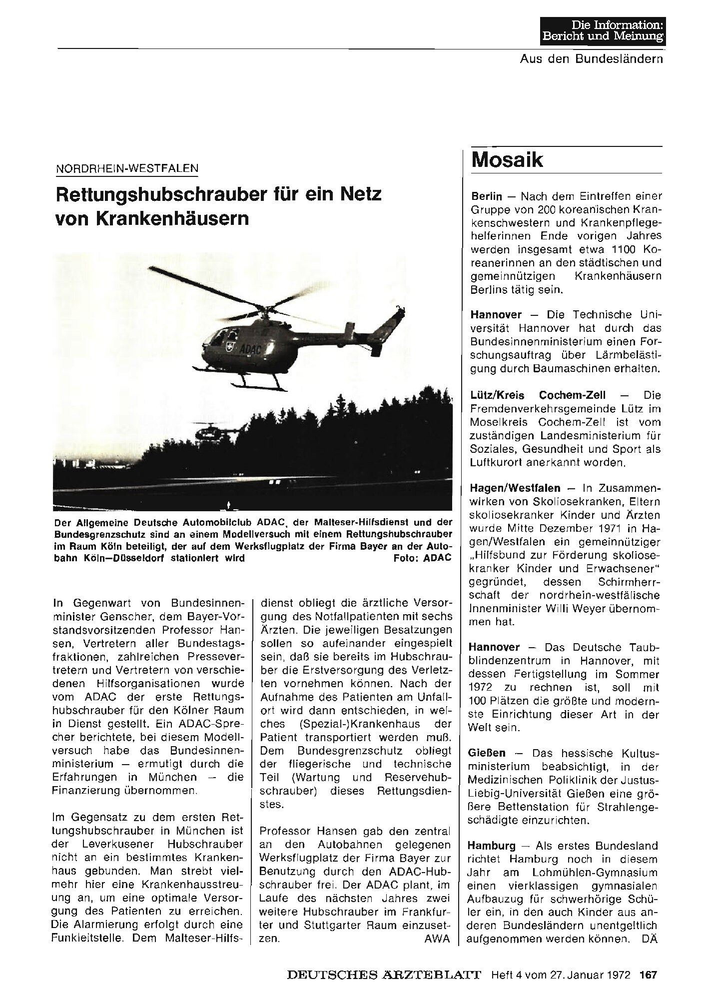 Vorschauseite 1: Nordrhein-Westfalen: Rettungshubschrauber für ein Netz von Krankenhäusern