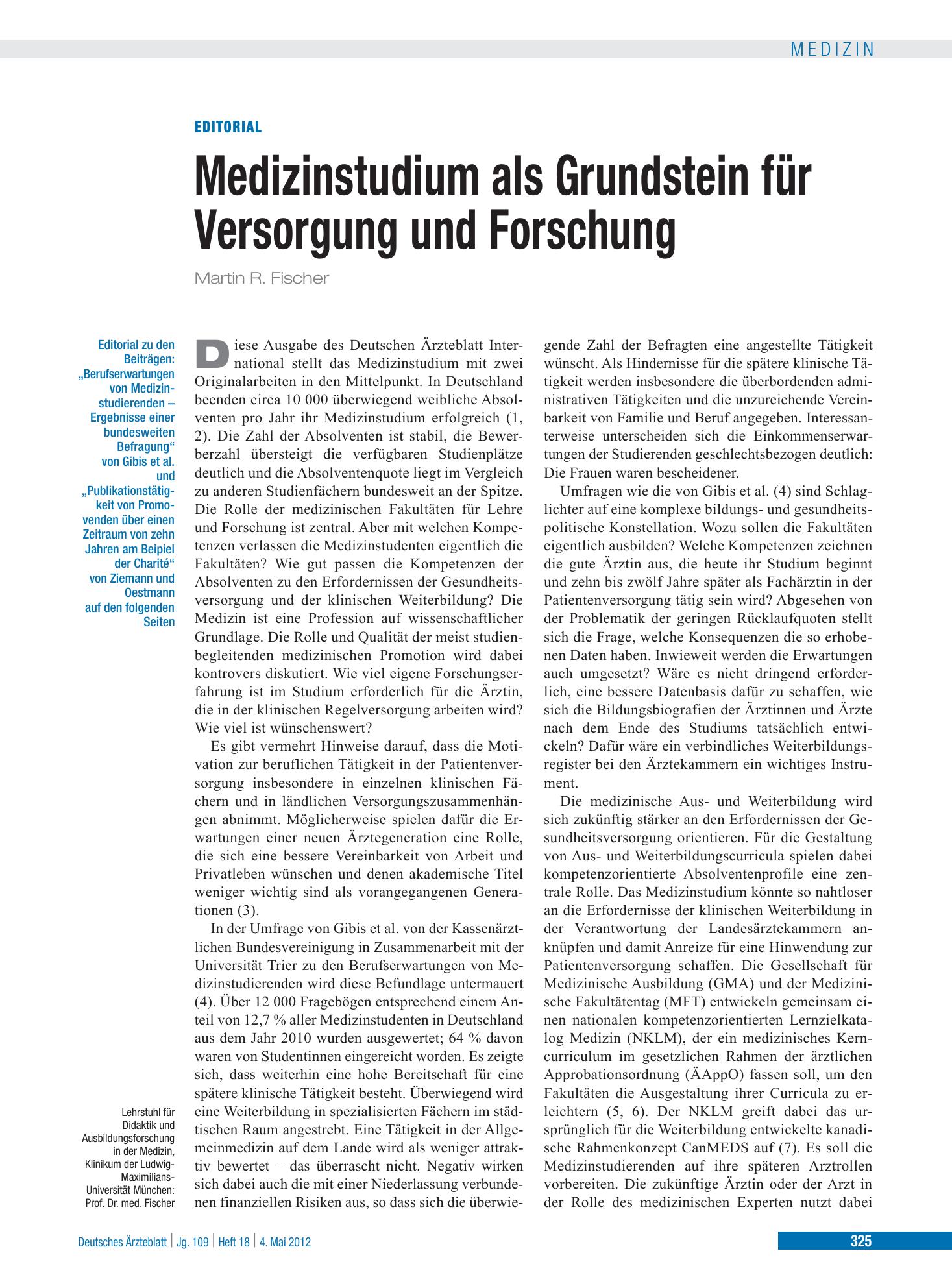Vorschauseite 1: Berufserwartungen von Medizinstudierenden – Deutsches Ärzteblatt