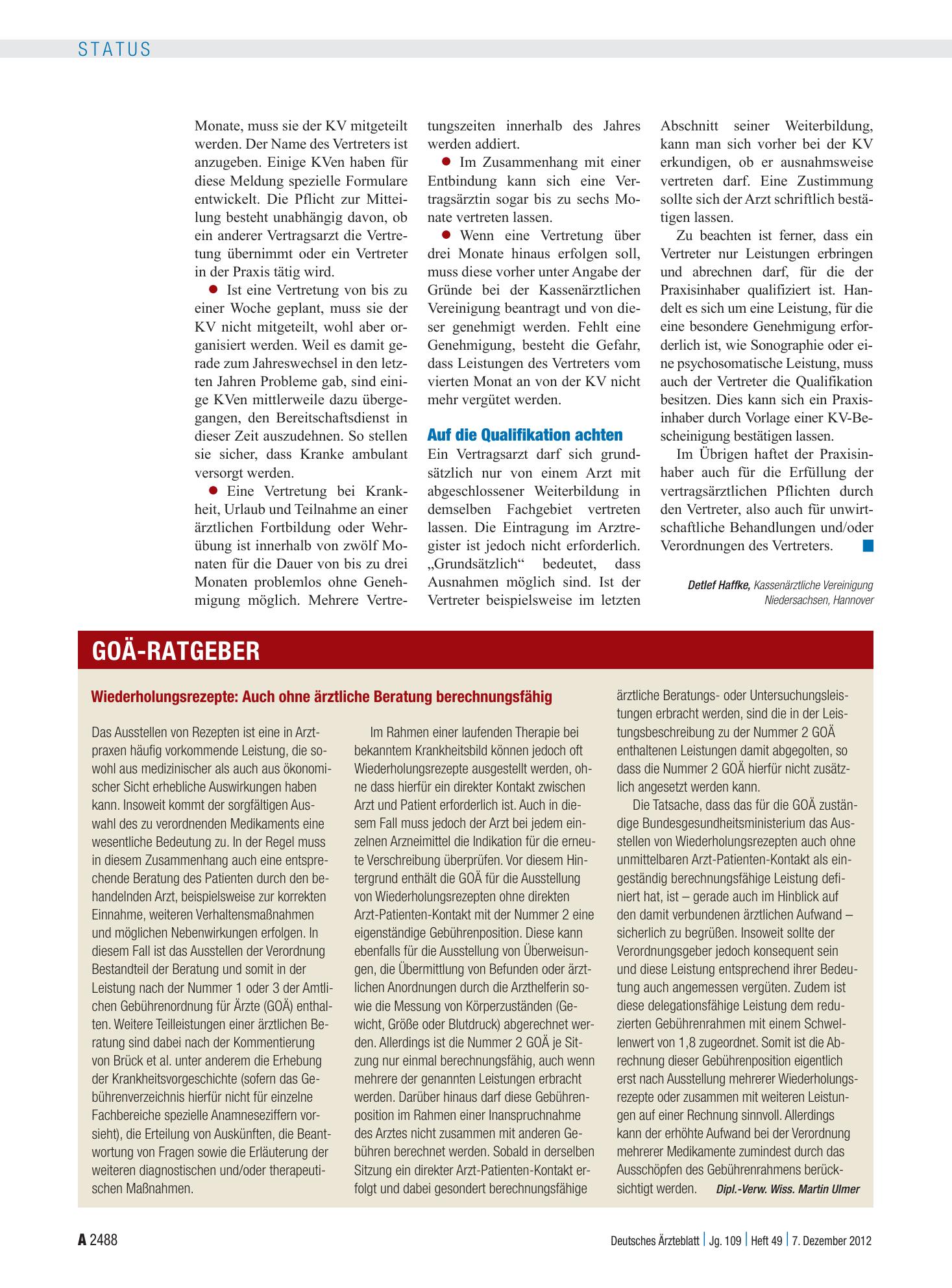 Vorschauseite 1: Wiederholungsrezepte: Auch ohne ärztliche Beratung berechnungsfähig – Deutsches Ärzteblatt