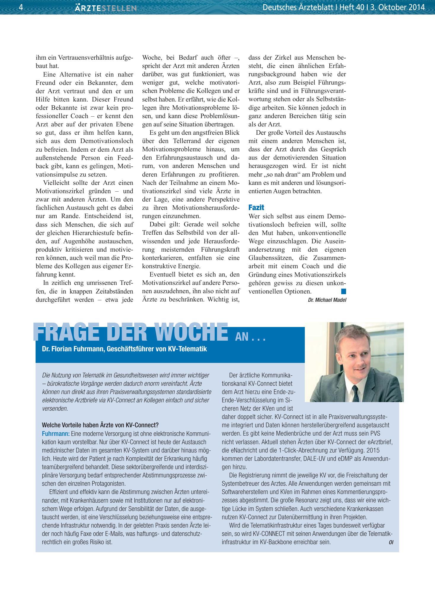 Vorschauseite 1: Frage der Woche an . . .Dr. Florian Fuhrmann, Geschäftsführer von KV-Telematik – Deutsches Ärzteblatt