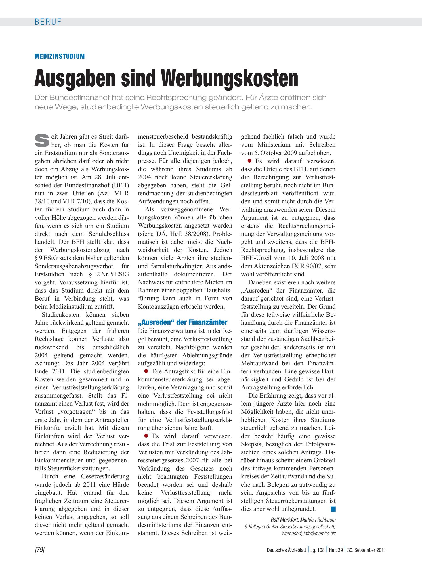 Vorschauseite 1: Medizinstudium: Ausgaben sind Werbungskosten – Deutsches Ärzteblatt