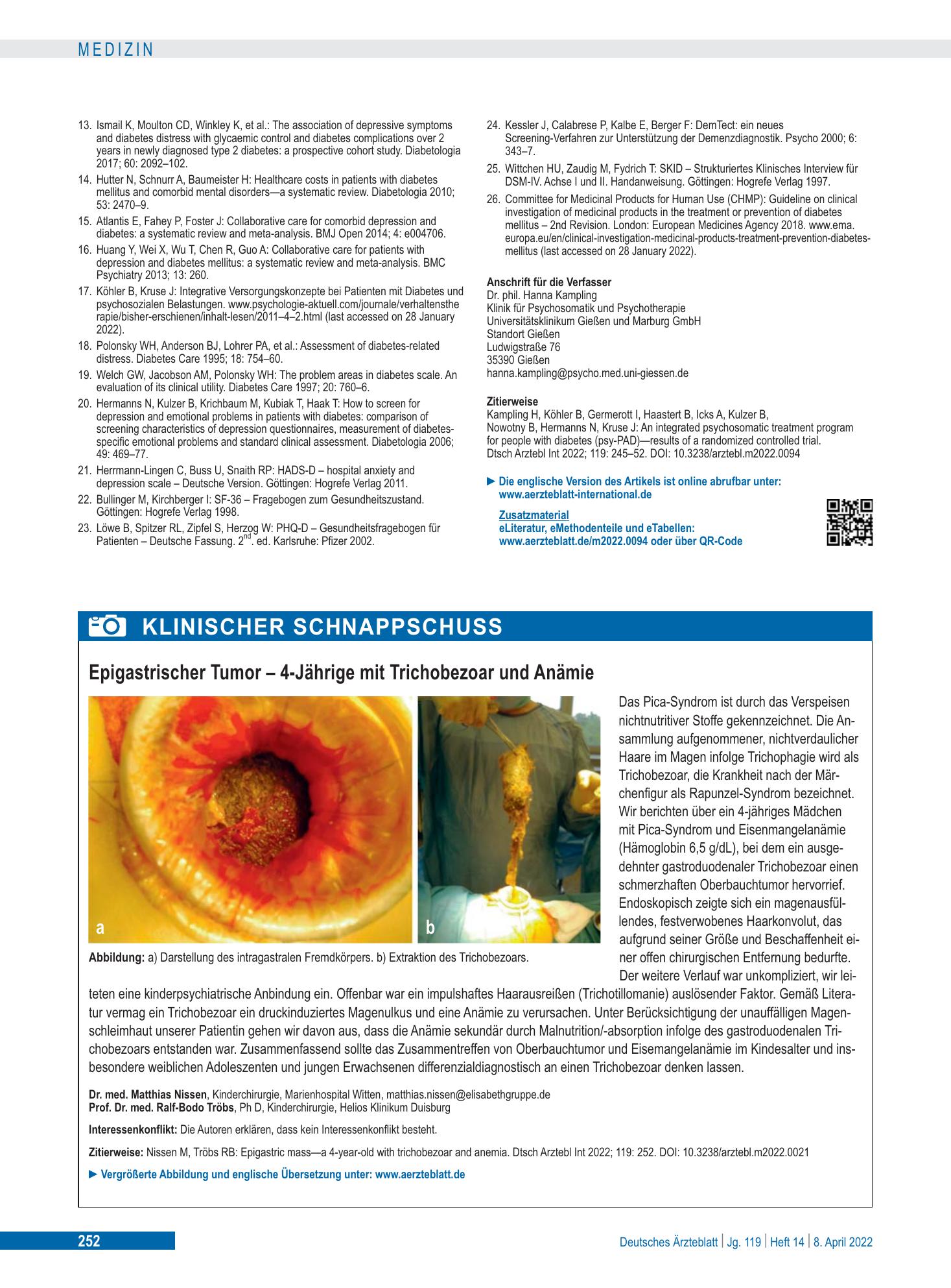 Vorschauseite 1: Epigastrischer Tumor – 4-Jährige mit Trichobezoar und Anämie – Deutsches Ärzteblatt