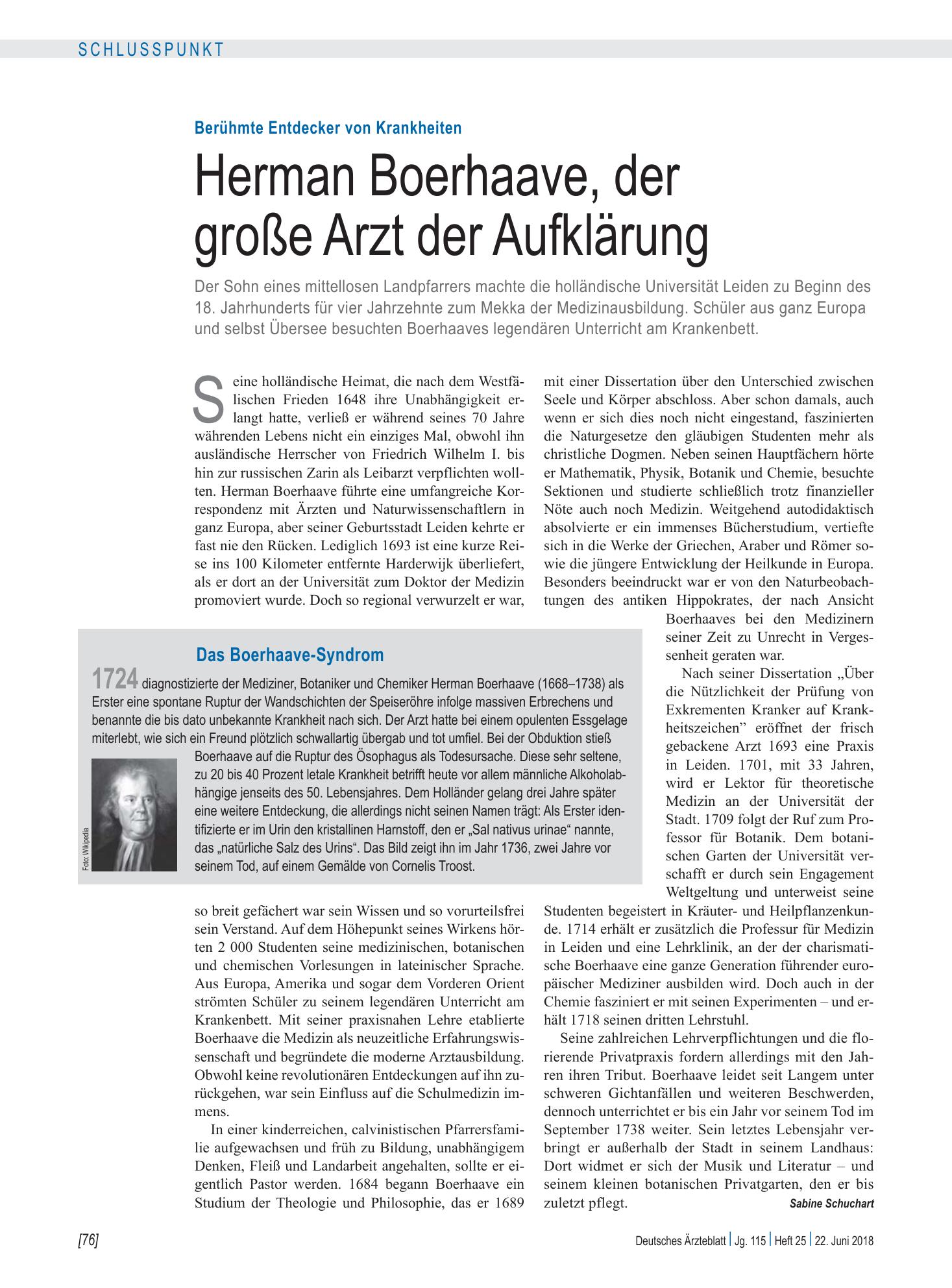 Vorschauseite 1: Berühmte Entdecker von Krankheiten: Herman Boerhaave, der große Arzt der Aufklärung – Deutsches Ärzteblatt