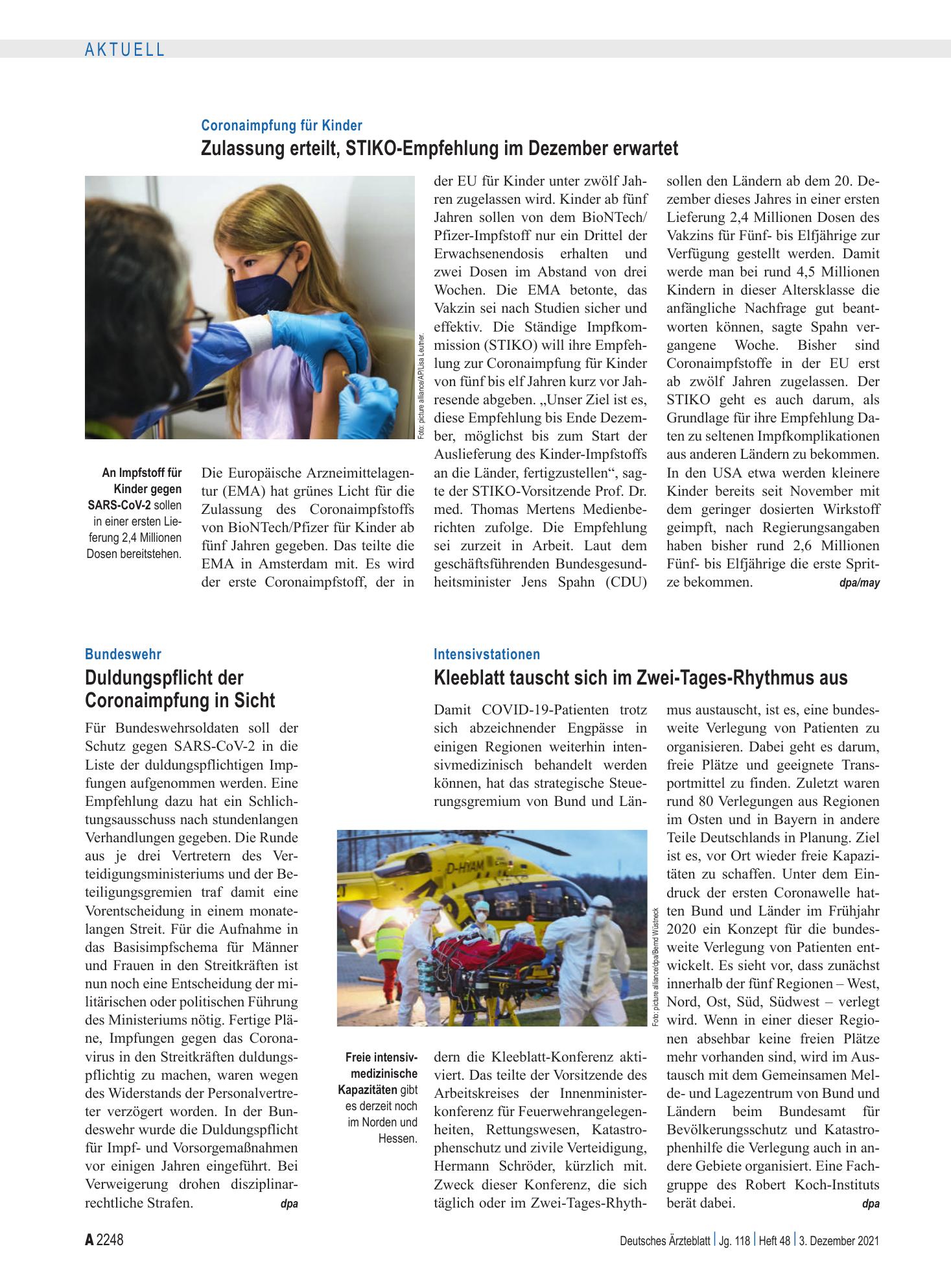Vorschauseite 1: Bundeswehr: Duldungspflicht der Coronaimpfung in Sicht – Deutsches Ärzteblatt