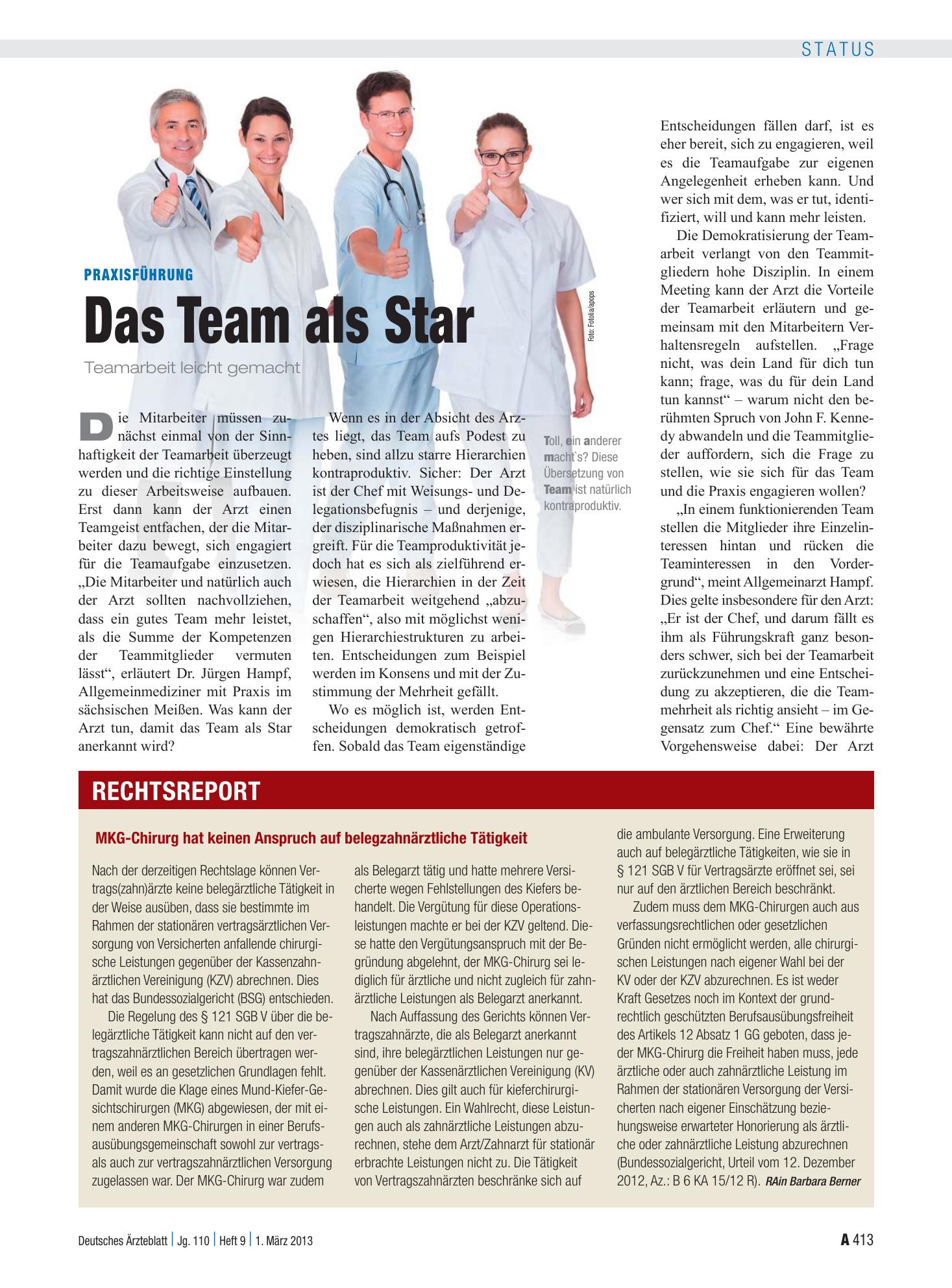 Vorschauseite 1: Praxisführung: Das Team als Star – Deutsches Ärzteblatt