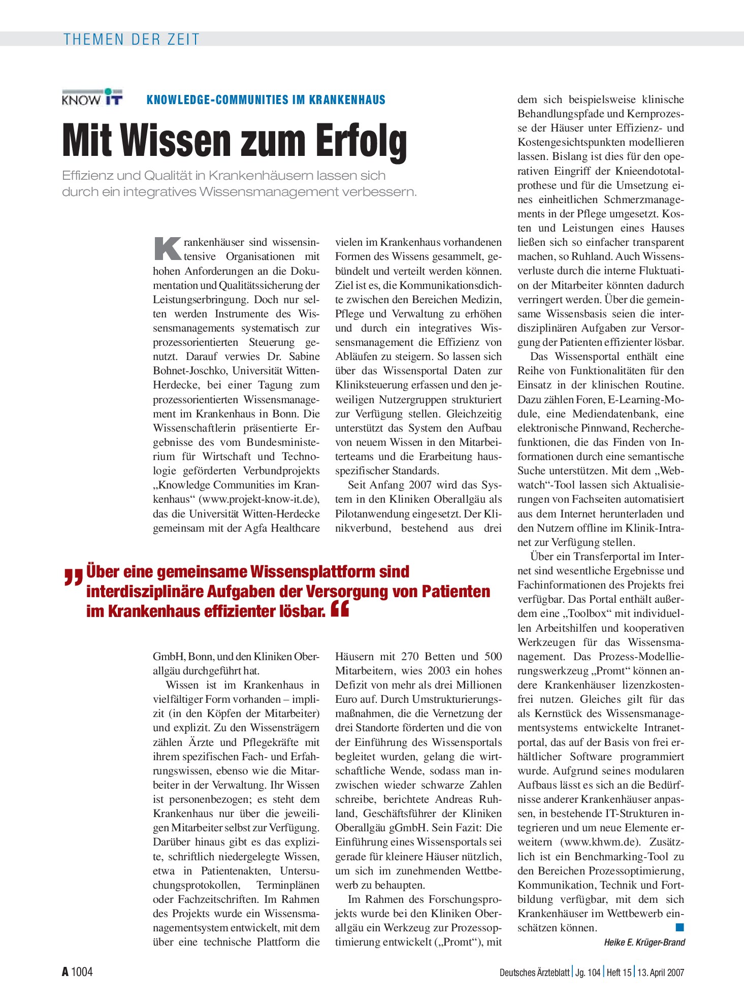 Vorschauseite 1: Knowledge-Communities im Krankenhaus: Mit Wissen zum Erfolg – Deutsches Ärzteblatt