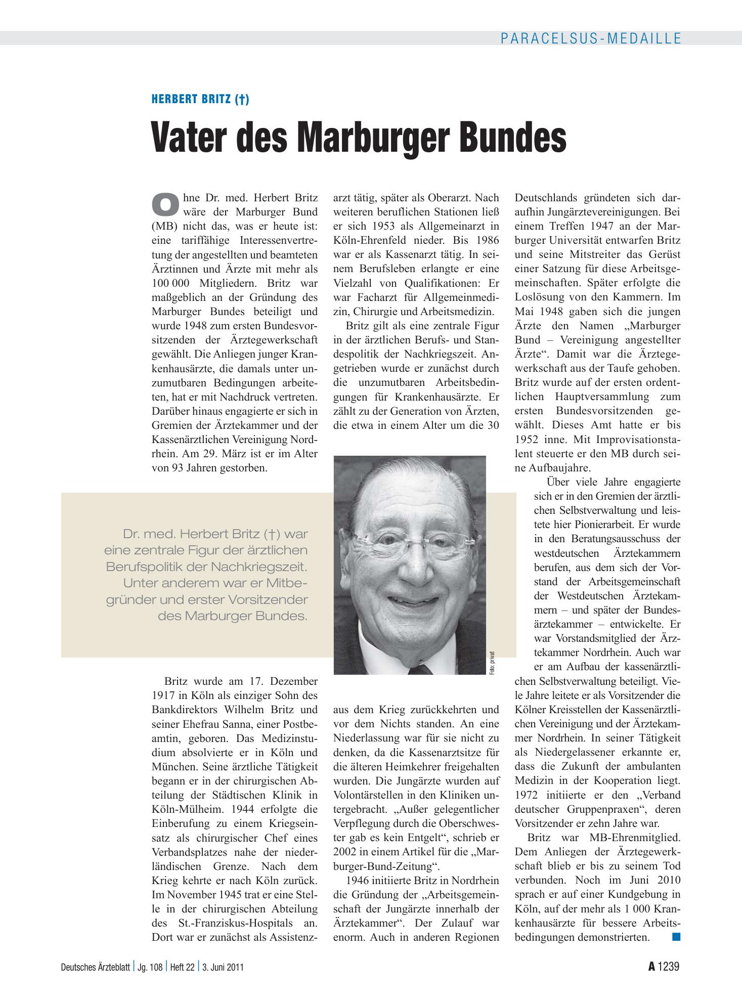 Vorschauseite 1: Herbert Britz (†): Vater des Marburger Bundes – Deutsches Ärzteblatt