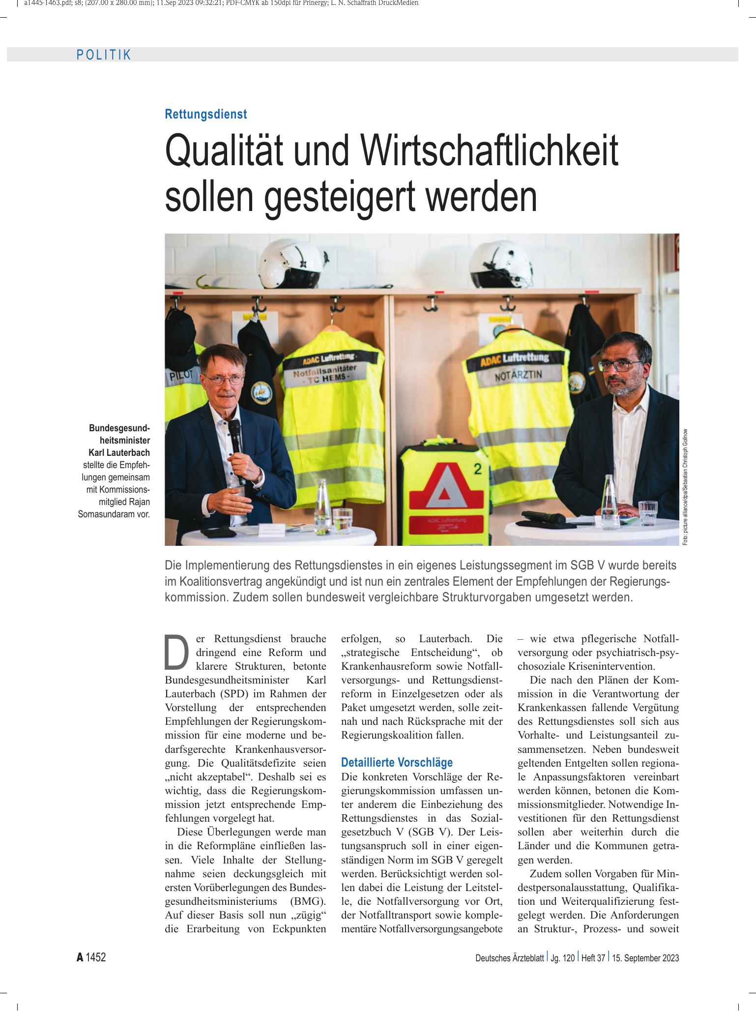 Vorschauseite 1: Rettungsdienst: Qualität und Wirtschaftlichkeit sollen gesteigert werden – Deutsches Ärzteblatt