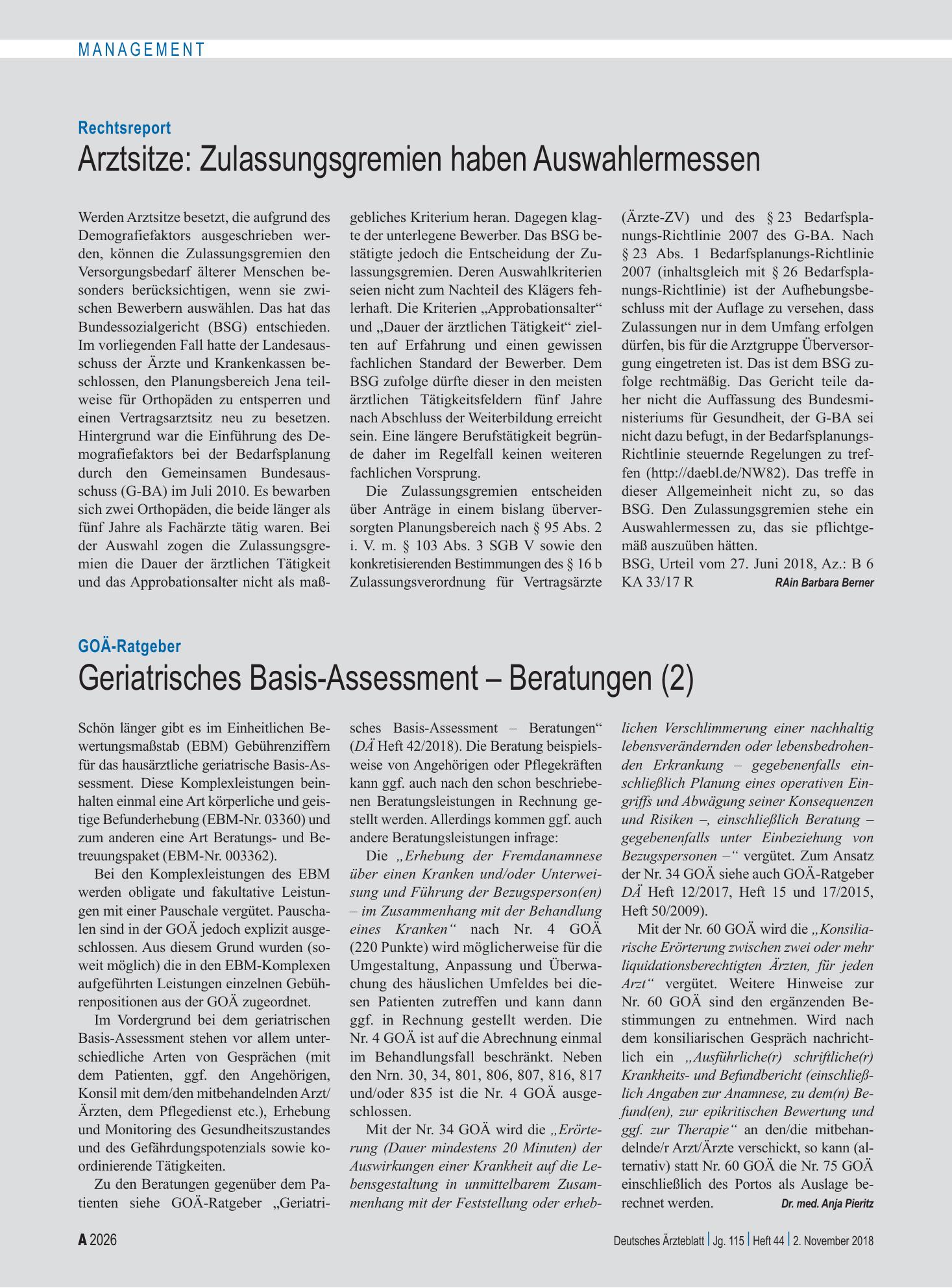 Vorschauseite 1: GOÄ-Ratgeber: Geriatrisches Basis-Assessment – Beratungen (2) – Deutsches Ärzteblatt