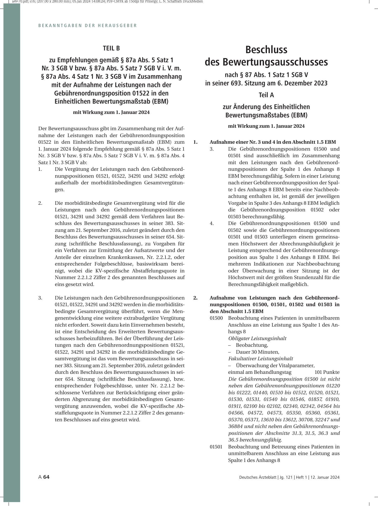 Vorschauseite 1: Beschluss des Bewertungsausschusses nach § 87 Abs. 1 Satz 1 SGB V in seiner 693. Sitzung am 6. Dezember 2023 Teil A zur Änderung des Einheitlichen Bewertungsmaßstabes (EBM) mit Wi…
