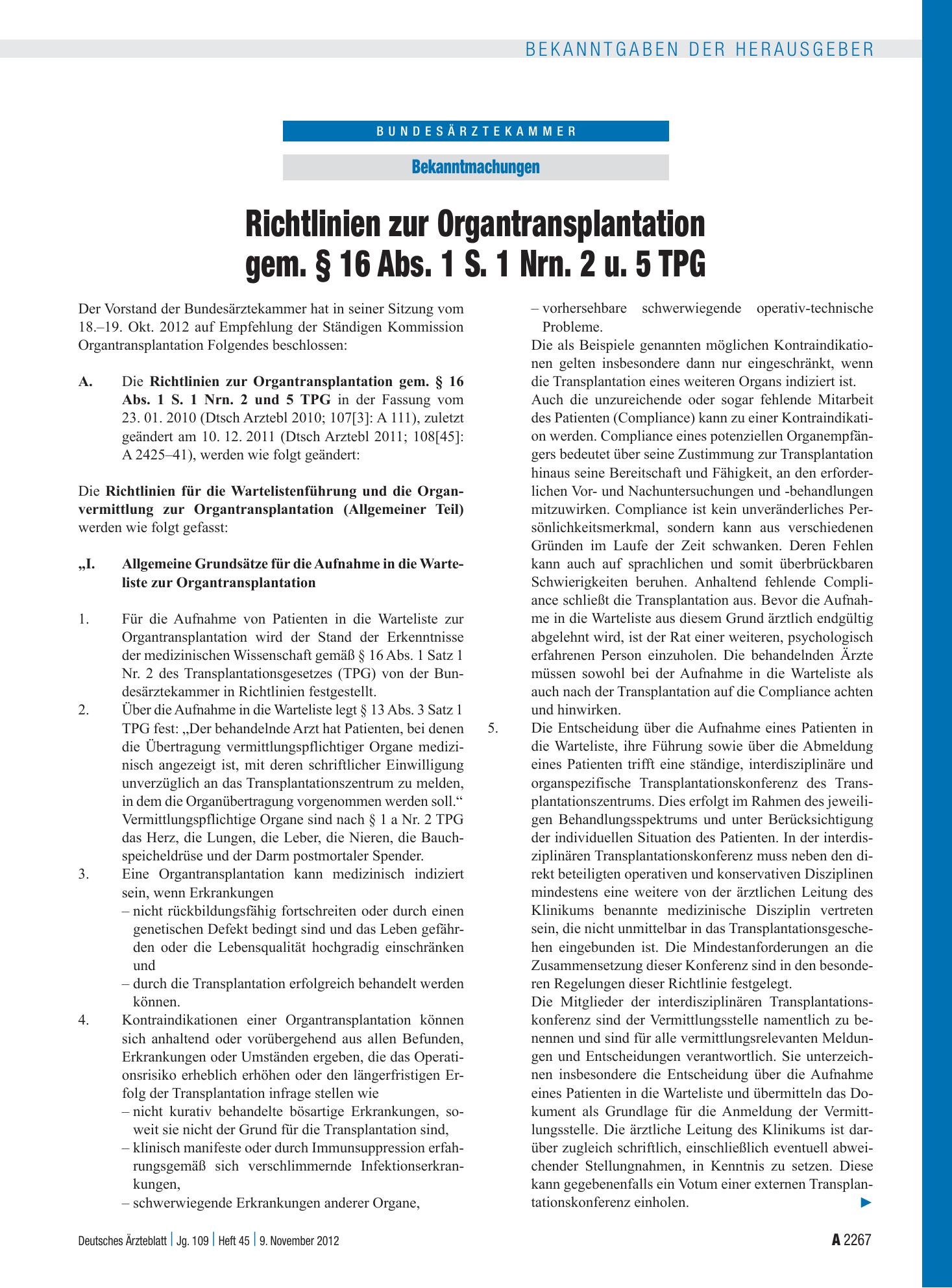 Vorschauseite 1: Richtlinien zur Organtransplantation gem. § 16 Abs. 1 S. 1 Nrn. 2 u. 5 TPG – Deutsches Ärzteblatt