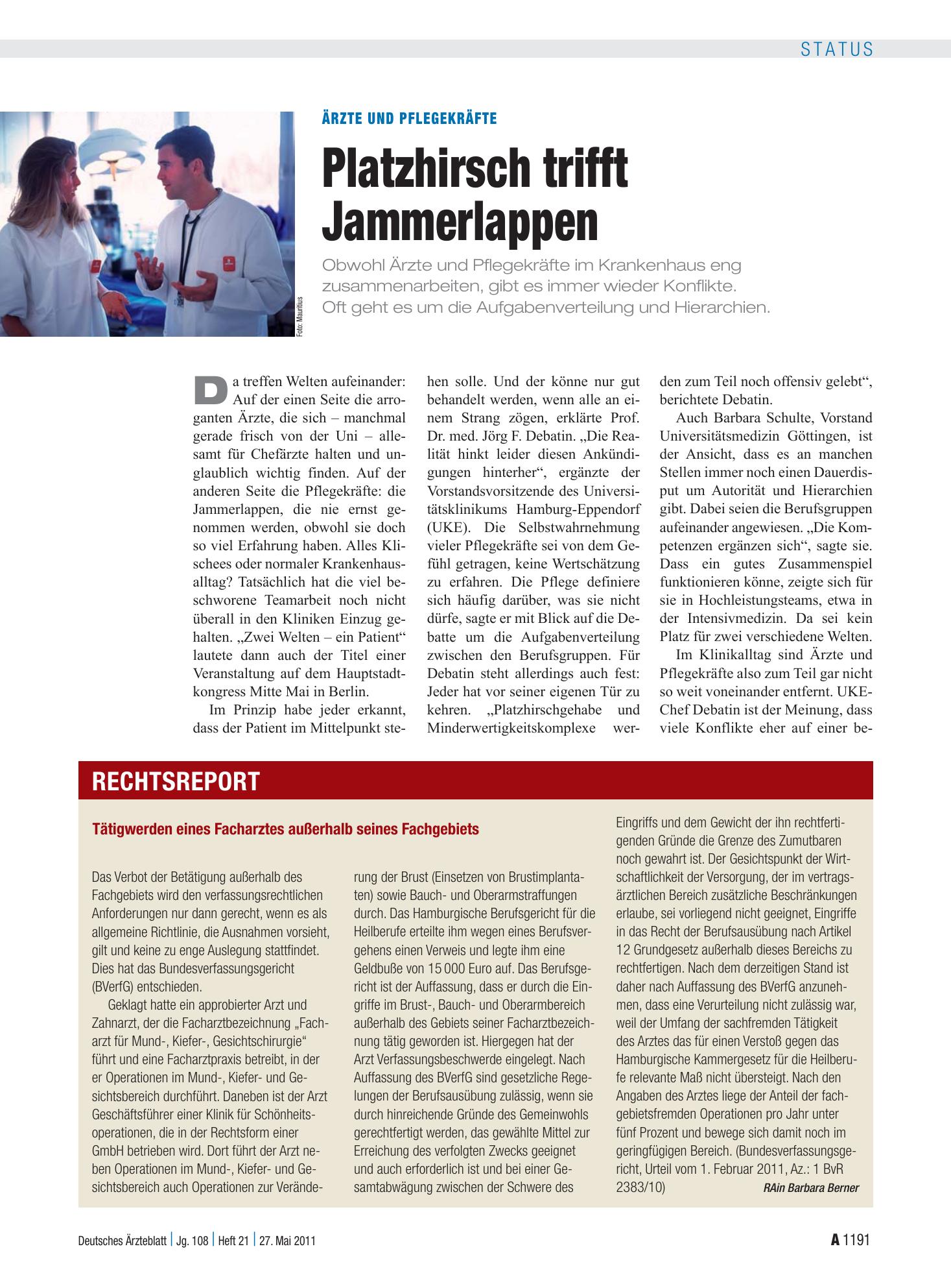 Vorschauseite 1: Tätigwerden eines Facharztes außerhalb seines Fachgebiets – Deutsches Ärzteblatt