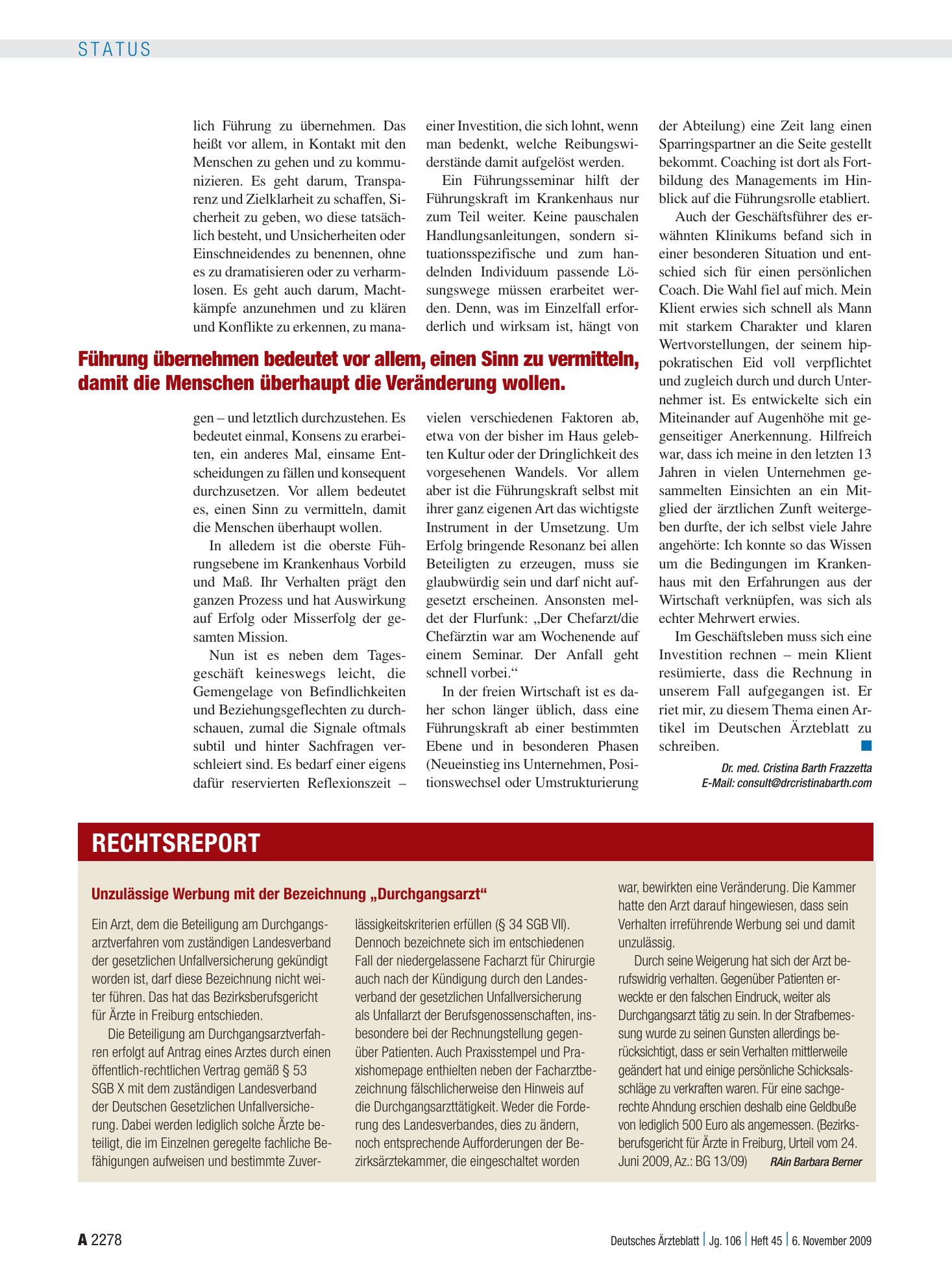 Vorschauseite 1: Unzulässige Werbung mit der Bezeichnung „Durchgangsarzt“ – Deutsches Ärzteblatt
