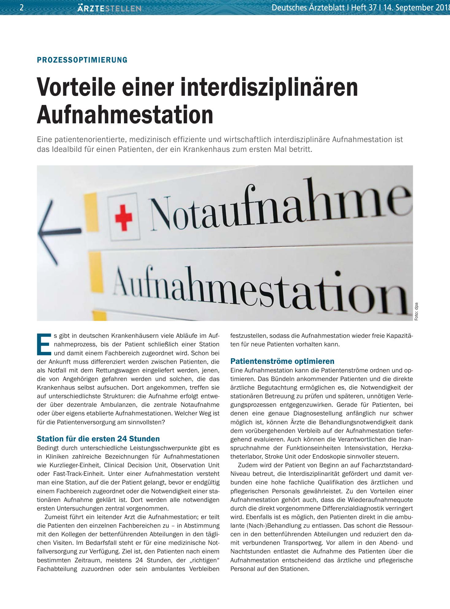 Vorschauseite 1: Prozessoptimierung: Vorteile einer interdisziplinären Aufnahmestation – Deutsches Ärzteblatt