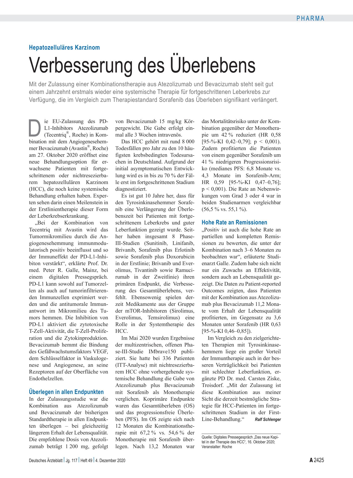 Vorschauseite 1: Hepatozelluläres Karzinom: Verbesserung des Überlebens – Deutsches Ärzteblatt