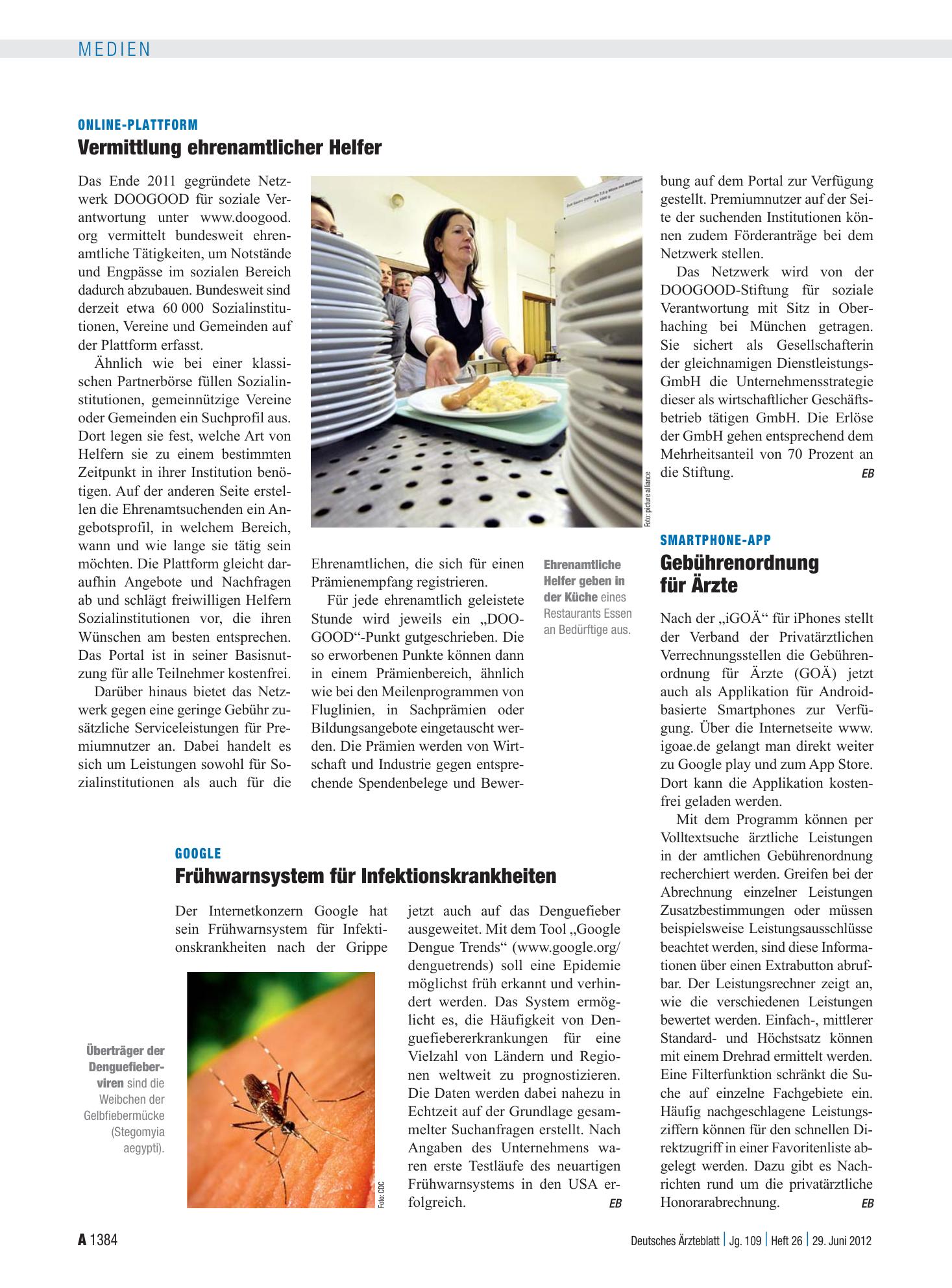 Vorschauseite 1: Online-Plattform: Vermittlung ehrenamtlicher Helfer – Deutsches Ärzteblatt
