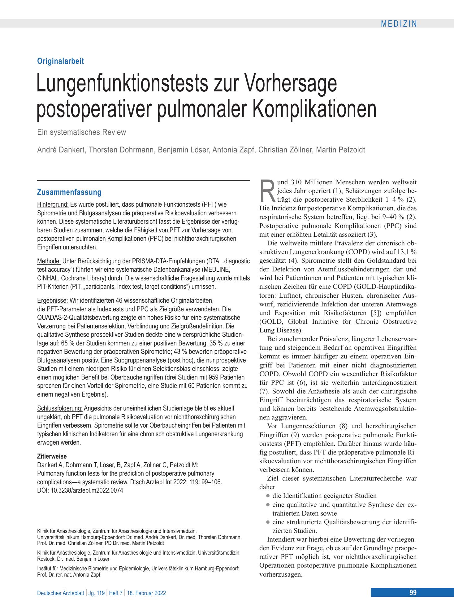 Vorschauseite 1: Lungenfunktionstests zur Vorhersage postoperativer pulmonaler Komplikationen – Deutsches Ärzteblatt