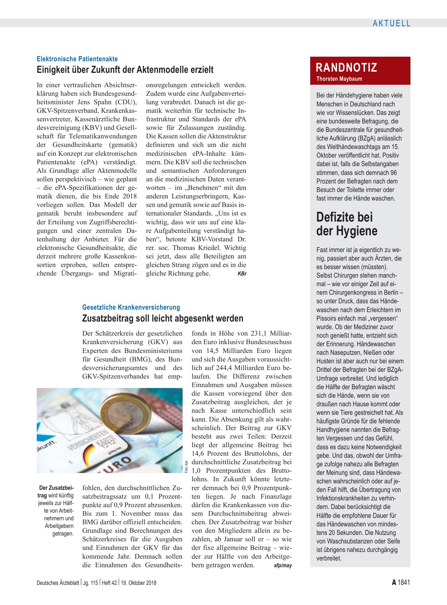 Vorschauseite 1: Randnotiz: Defizite bei der Hygiene – Deutsches Ärzteblatt