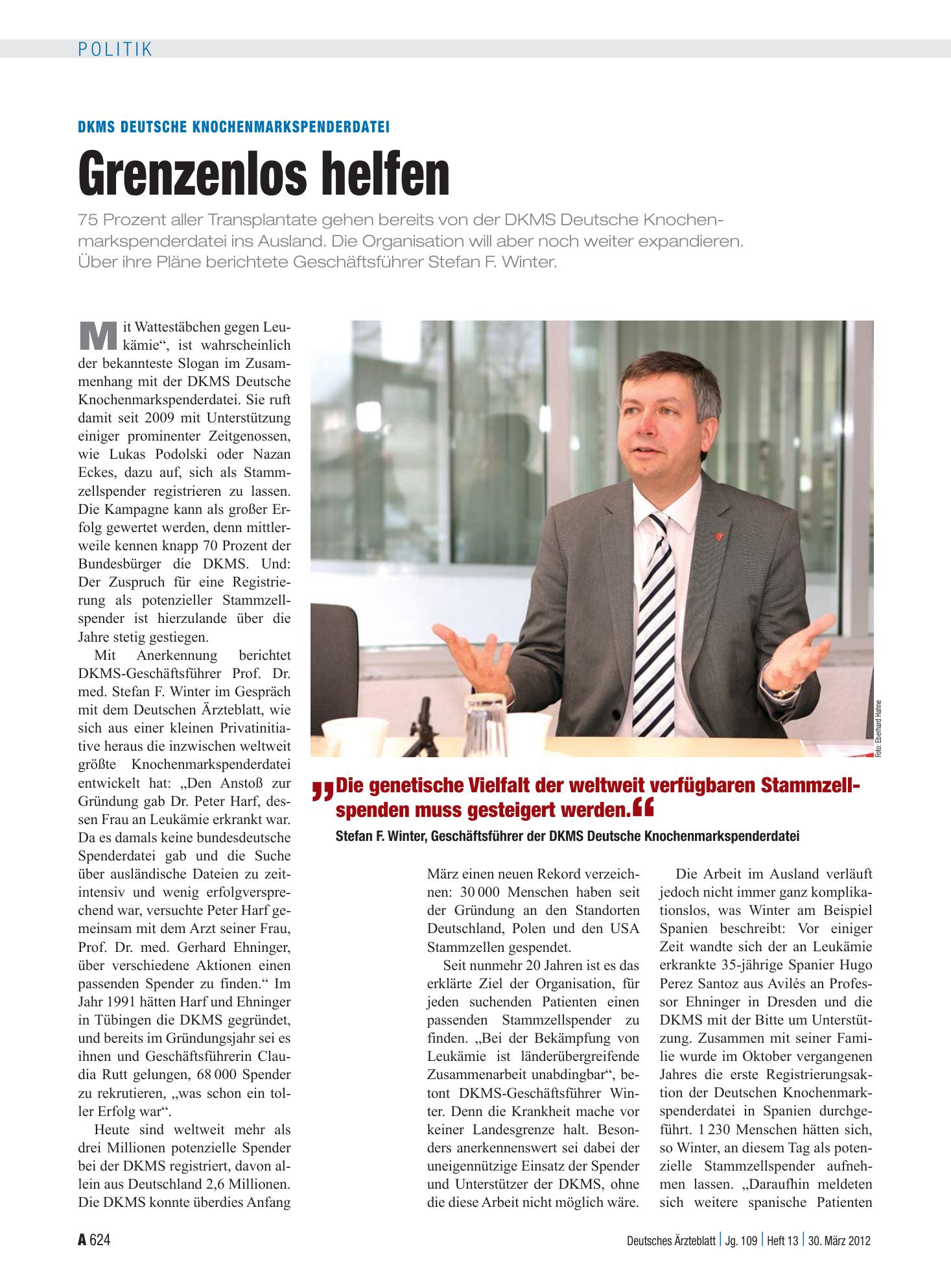 Vorschauseite 1: DKMS Deutsche Knochenmarkspenderdatei: Grenzenlos helfen – Deutsches Ärzteblatt