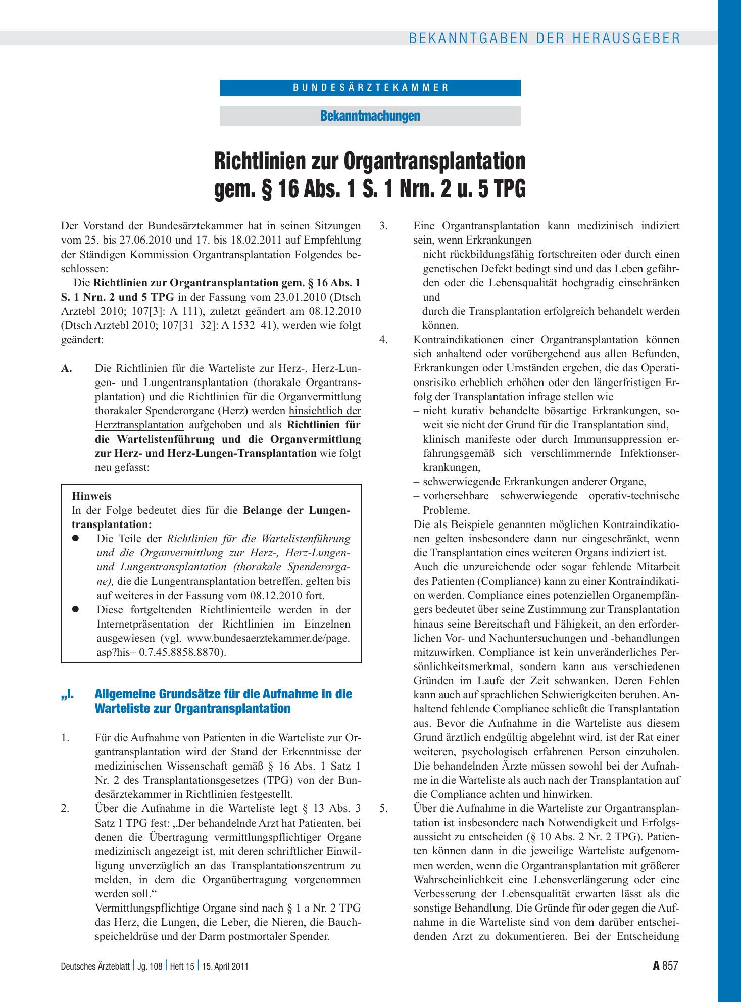 Vorschauseite 1: Richtlinien zur Organtransplantation gem. § 16 Abs. 1 S. 1 Nrn. 2 u. 5 TPG – Deutsches Ärzteblatt