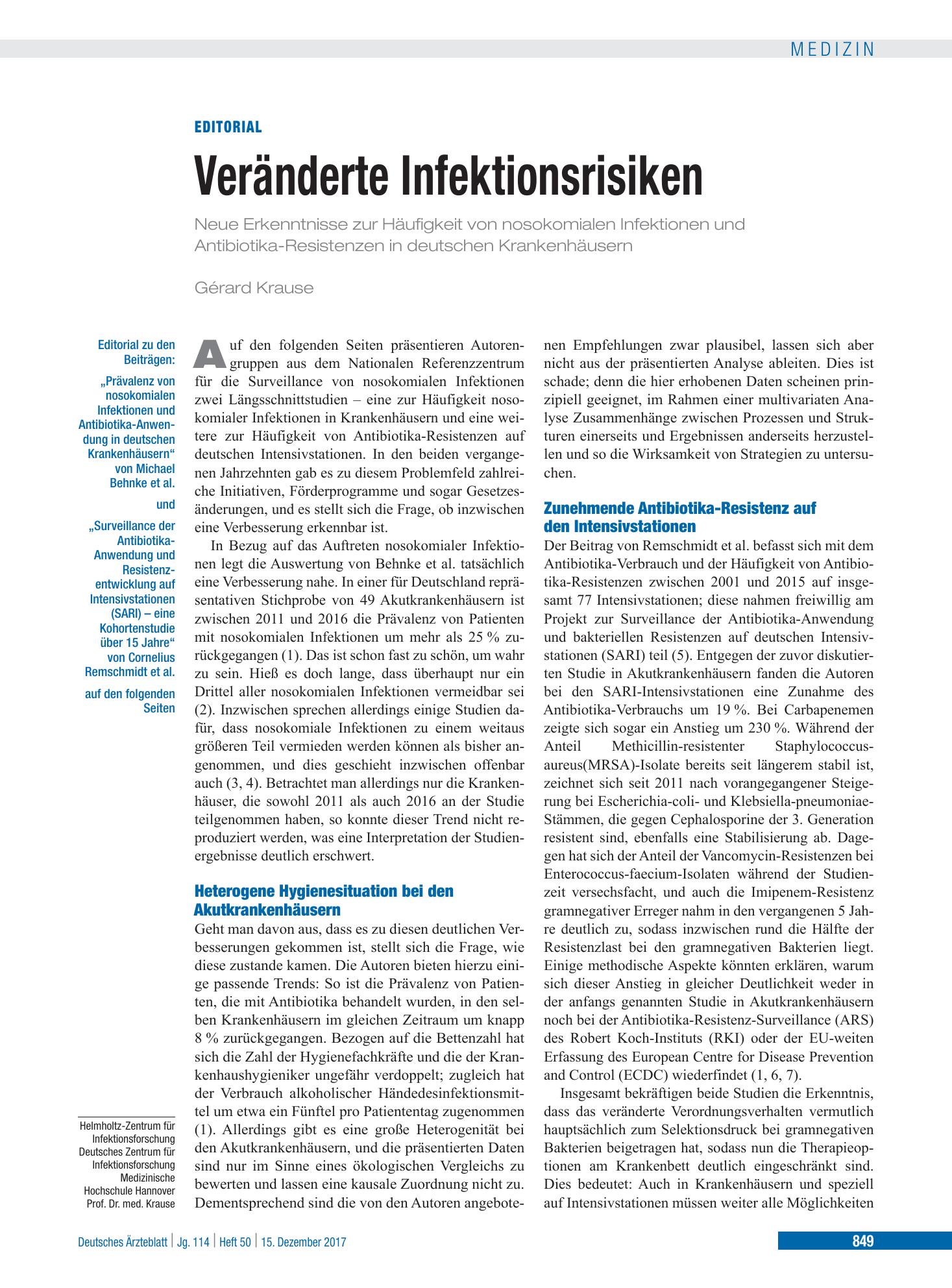 Vorschauseite 1: Veränderte Infektionsrisiken – Deutsches Ärzteblatt