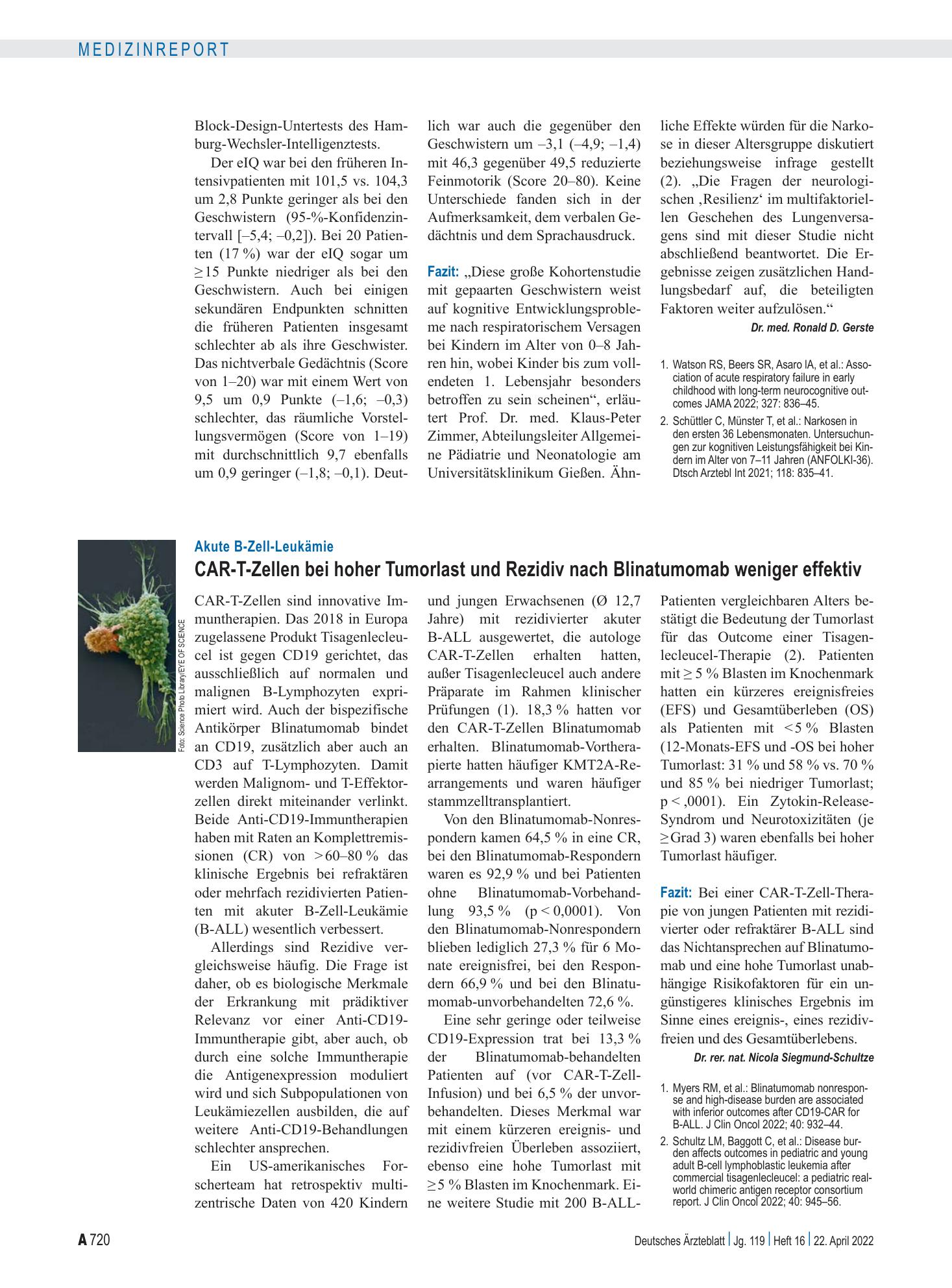 Vorschauseite 1: Akute B-Zell-Leukämie: CAR-T-Zellen bei hoher Tumorlast und Rezidiv nach Blinatumomab weniger effektiv – Deutsches Ärzteblatt