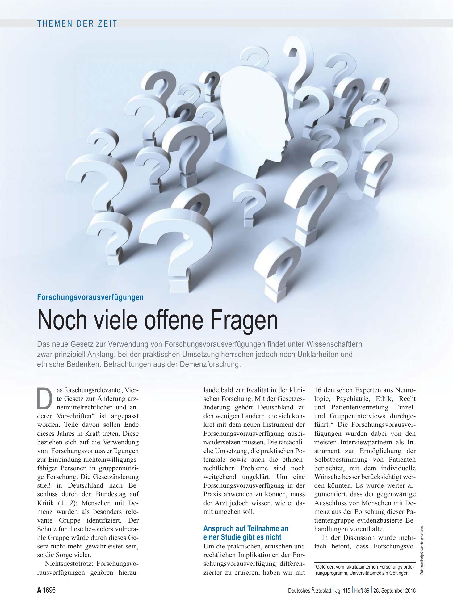 Vorschauseite 1: Forschungsvorausverfügungen: Noch viele offene Fragen – Deutsches Ärzteblatt