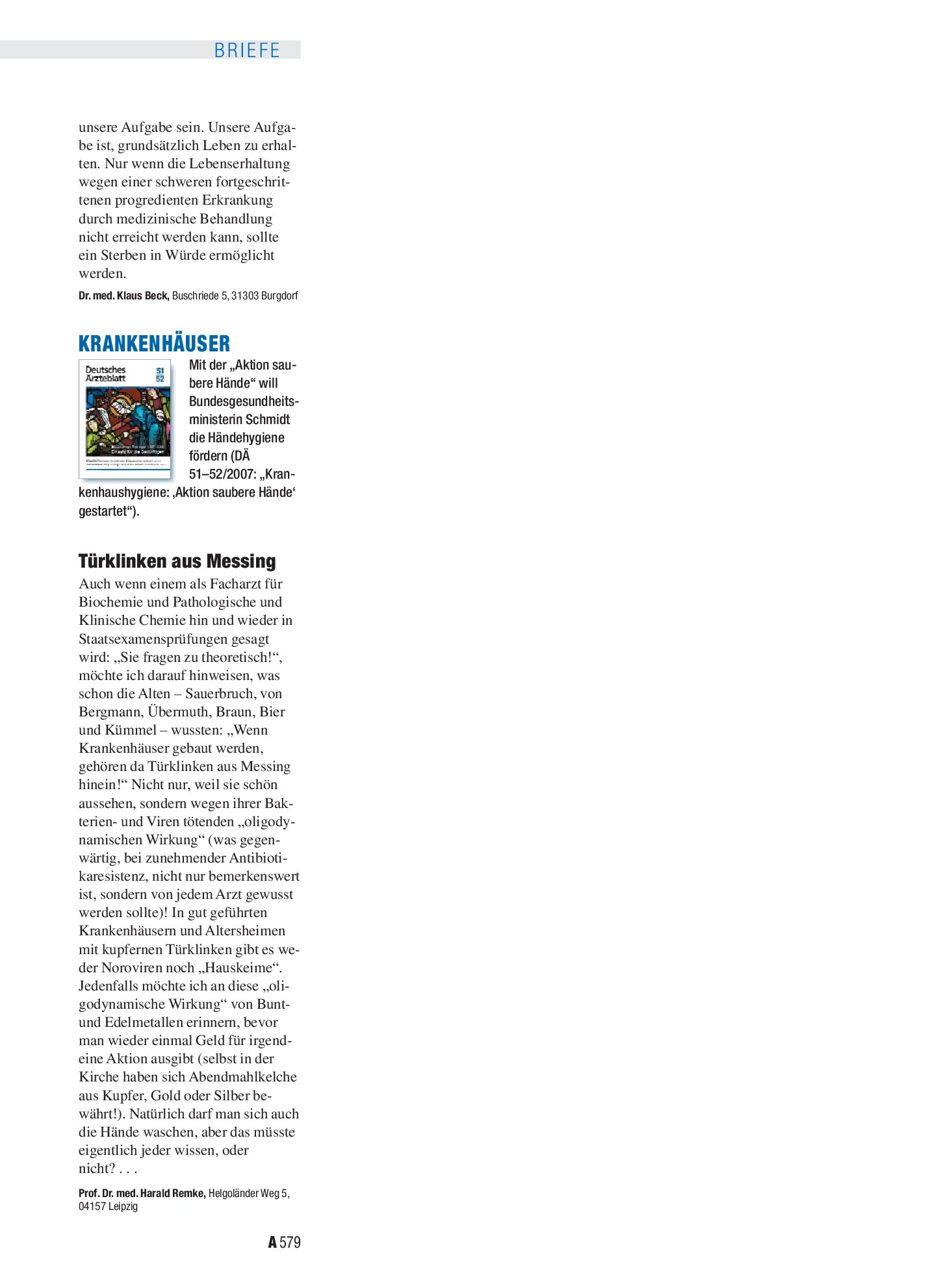 Vorschauseite 1: Krankenhäuser: Türklinken aus Messing – Deutsches Ärzteblatt