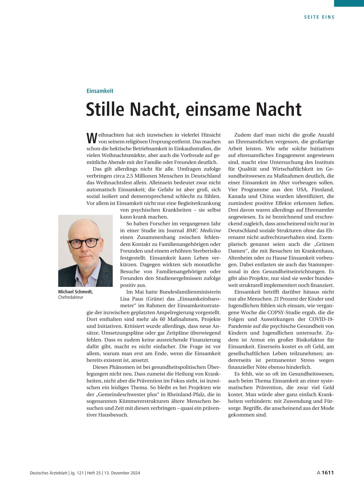 Vorschauseite 1: Einsamkeit: Stille Nacht, einsame Nacht – Deutsches Ärzteblatt