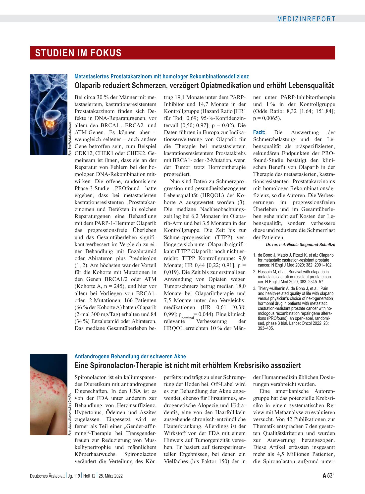 Vorschauseite 1: Antiandrogene Behandlung der schweren Akne: Eine Spironolacton-Therapie ist nicht mit erhöhtem Krebsrisiko assoziiert – Deutsches Ärzteblatt