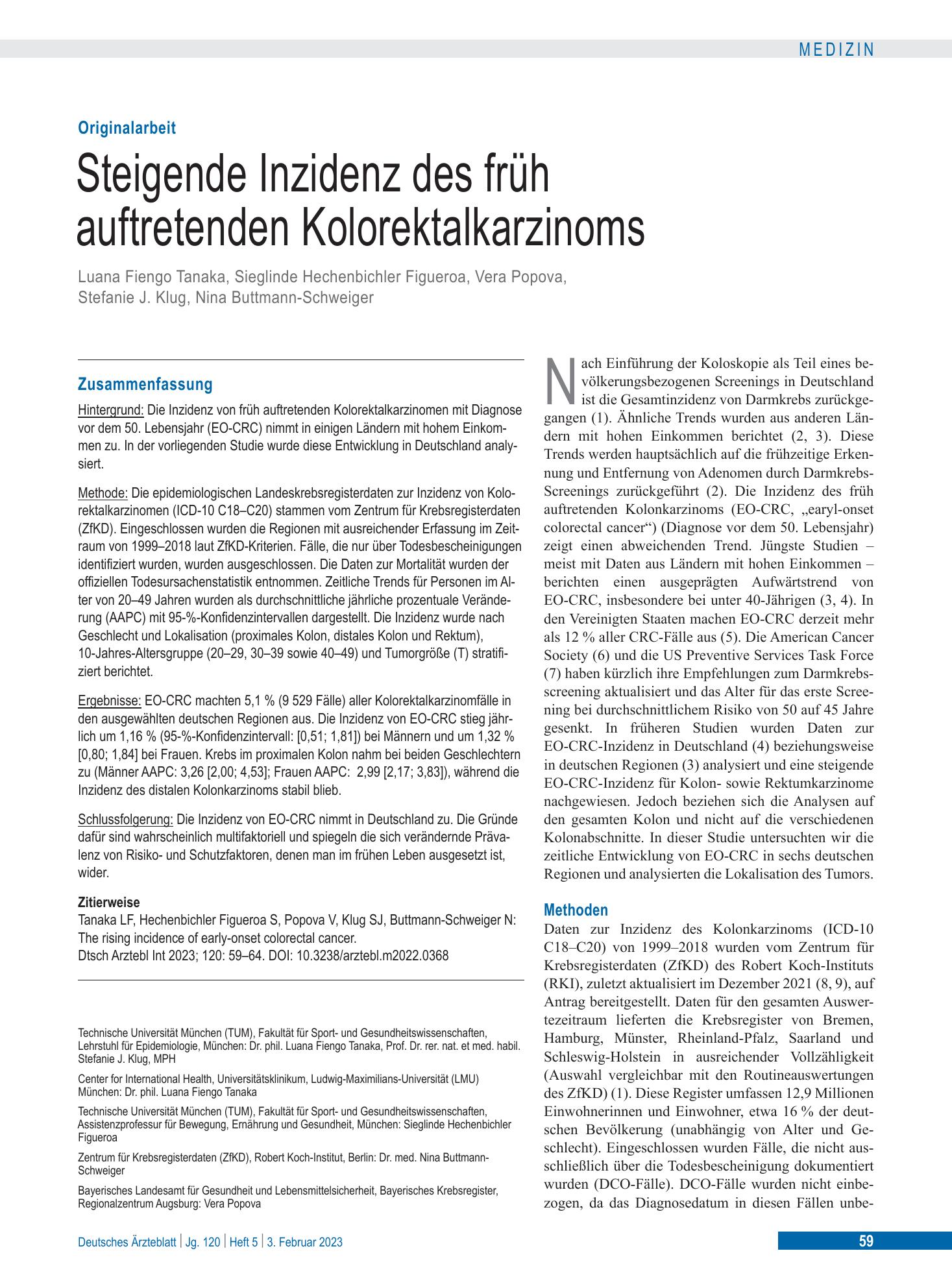 Vorschauseite 1: Steigende Inzidenz des früh auftretenden Kolorektalkarzinoms – Deutsches Ärzteblatt
