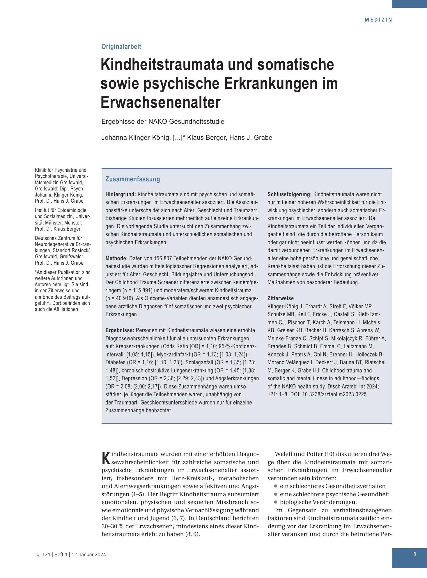Vorschauseite 1: Kindheitstraumata und somatische sowie psychische Erkrankungen im Erwachsenenalter – Deutsches Ärzteblatt
