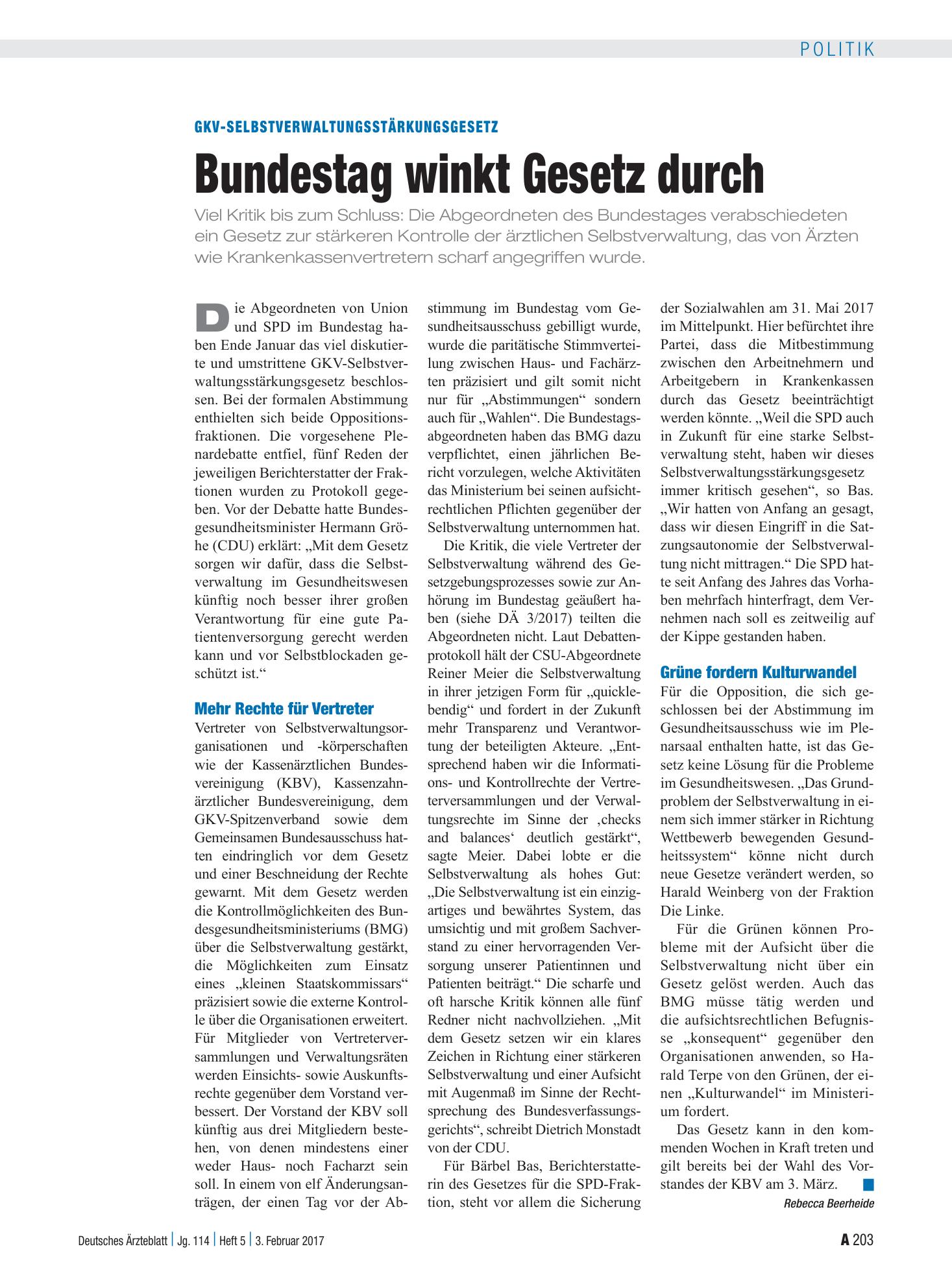 Vorschauseite 1: GKV-Selbstverwaltungsstärkungsgesetz: Bundestag winkt Gesetz durch – Deutsches Ärzteblatt