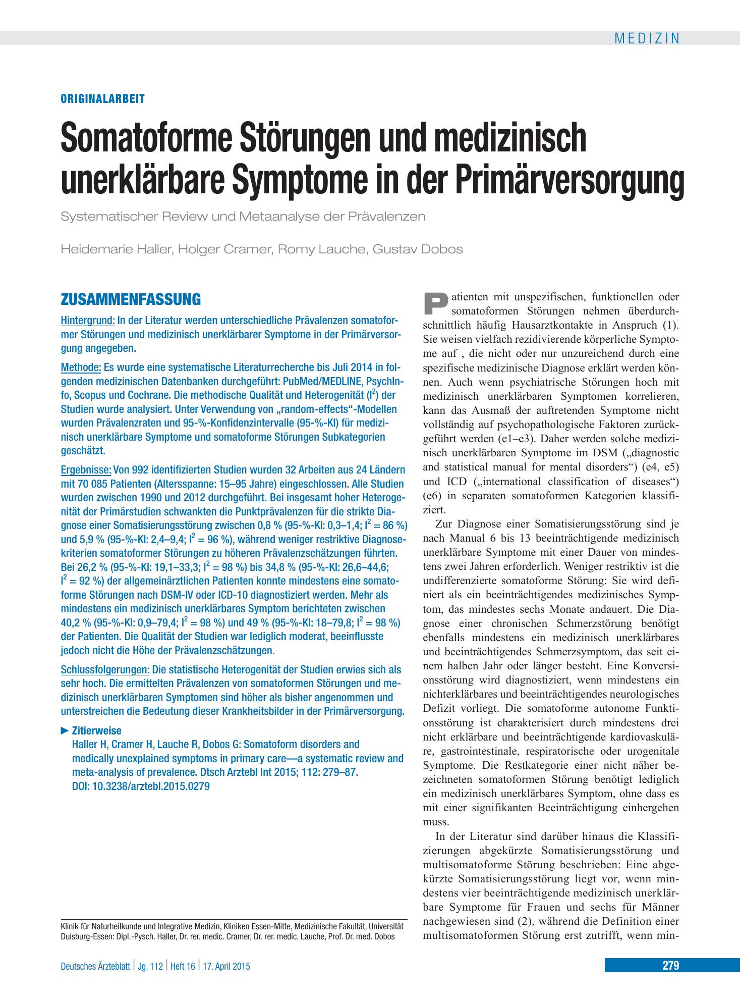 Vorschauseite 1: Somatoforme Störungen und medizinisch unerklärbare Symptome in der Primärversorgung – Deutsches Ärzteblatt