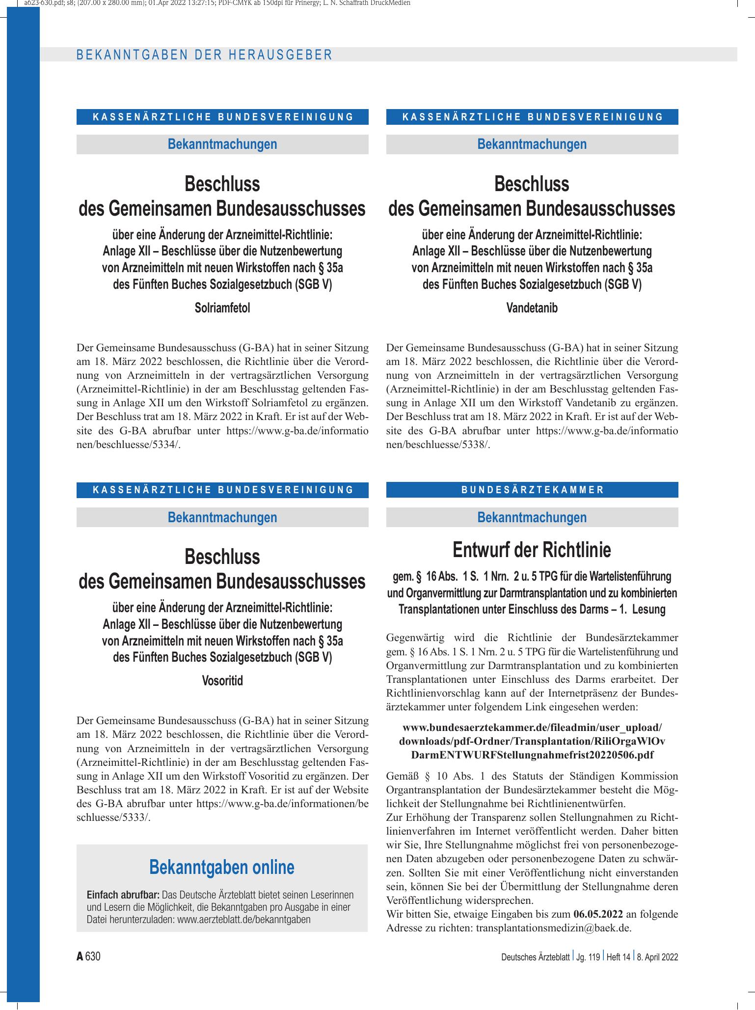 Vorschauseite 1: Bekanntgaben online – Deutsches Ärzteblatt