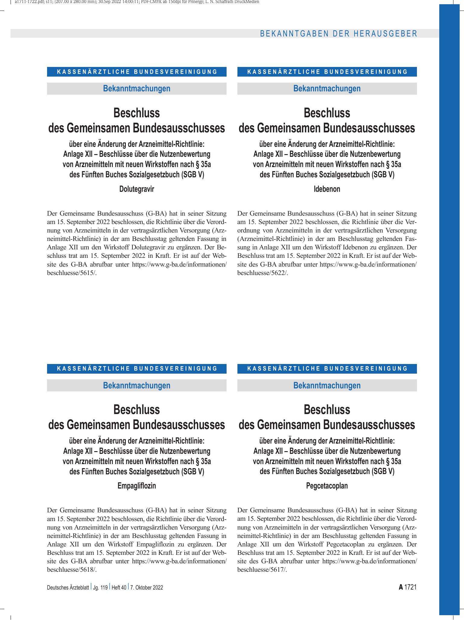 Vorschauseite 1: Beschluss des Gemeinsamen Bundesausschusses über eine Änderung der Arzneimittel-Richtlinie: Pegcetacoplan – Deutsches Ärzteblatt