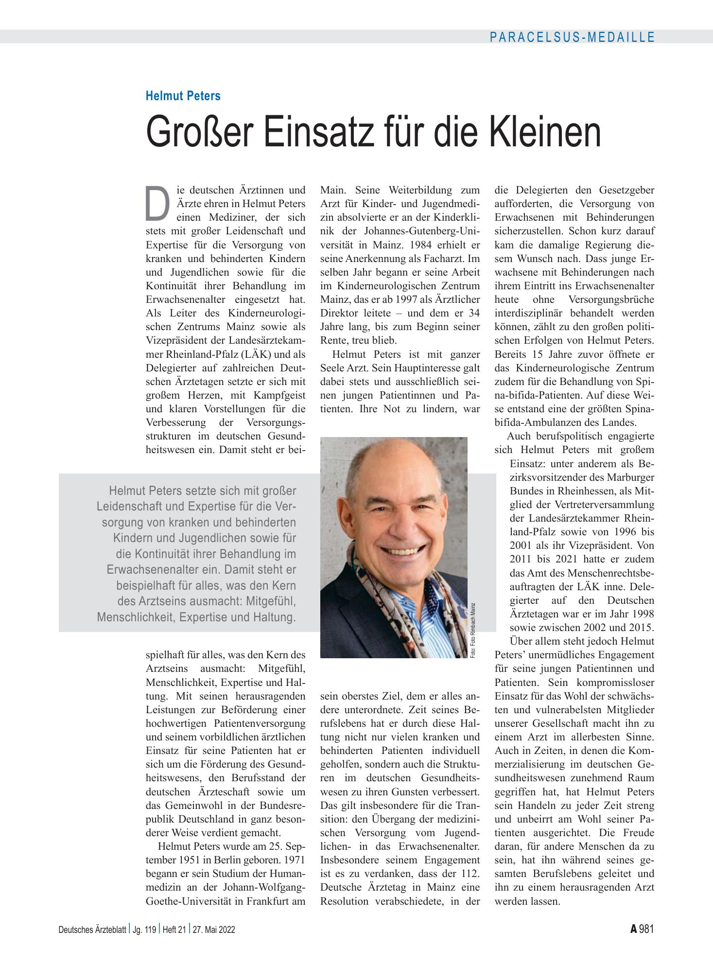 Vorschauseite 1: Helmut Peters: Großer Einsatz für die Kleinen – Deutsches Ärzteblatt