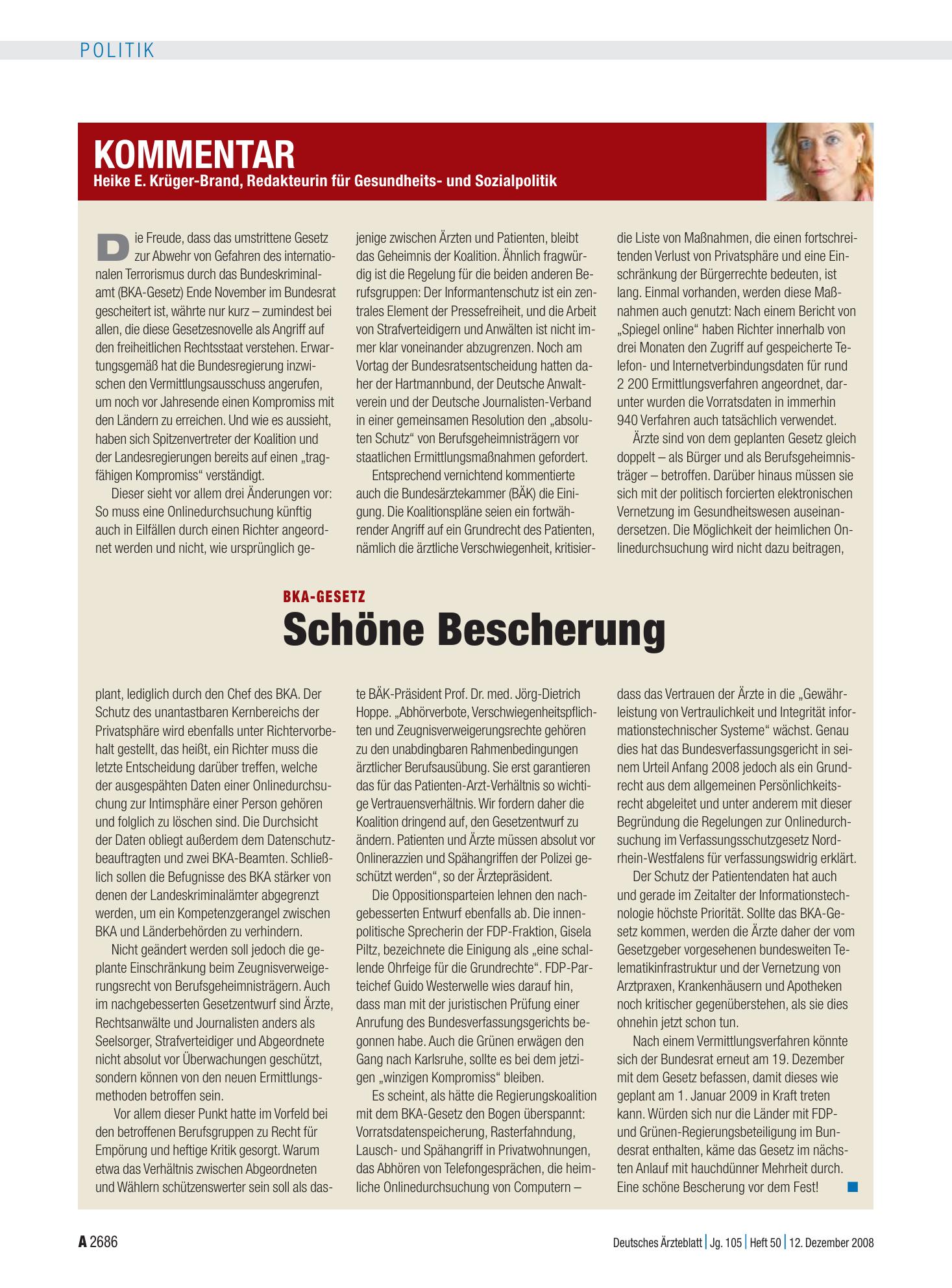 Vorschauseite 1: BKA-Gesetz: Schöne Bescherung – Deutsches Ärzteblatt