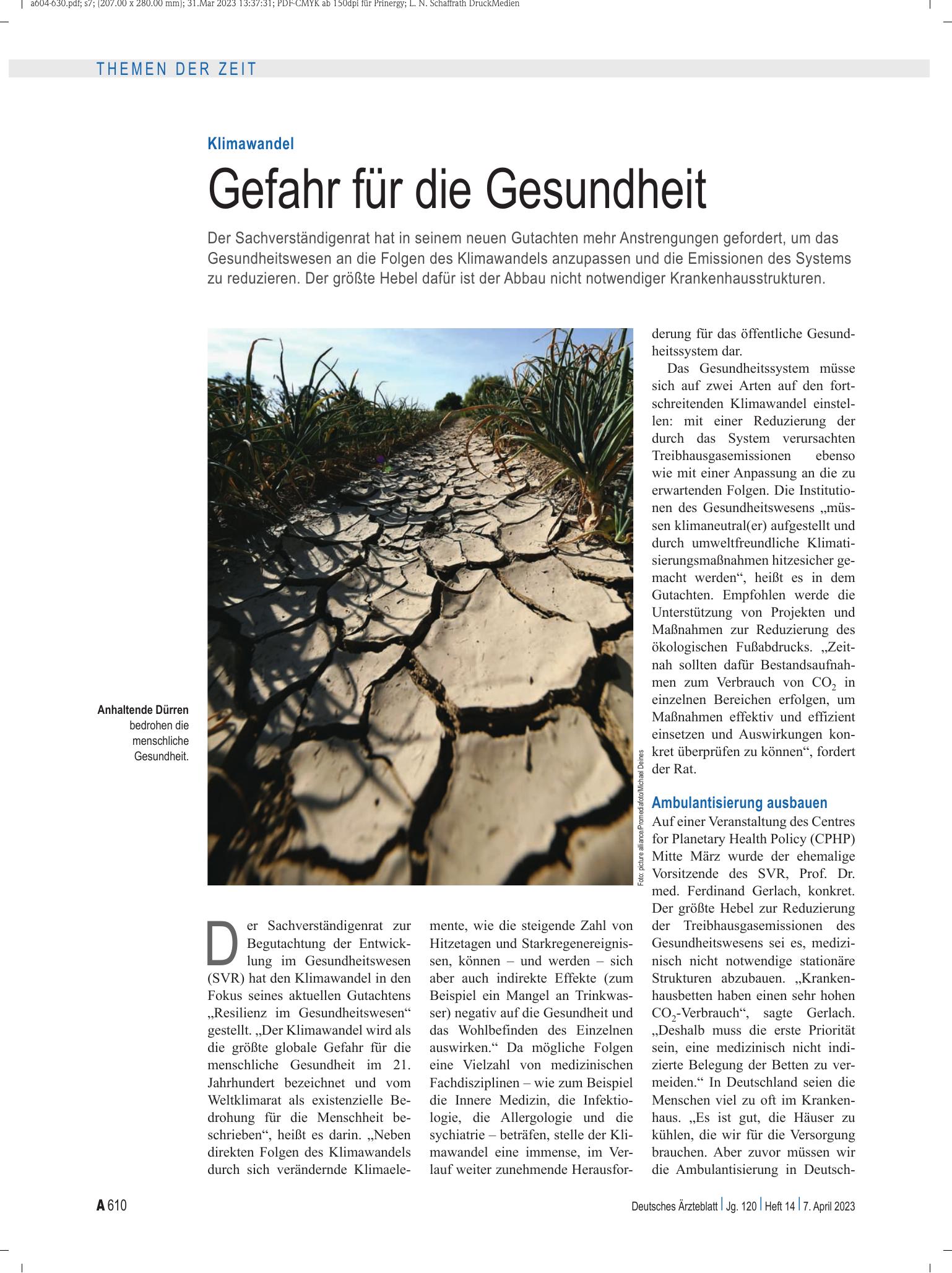 Vorschauseite 1: Klimawandel: Gefahr für die Gesundheit – Deutsches Ärzteblatt