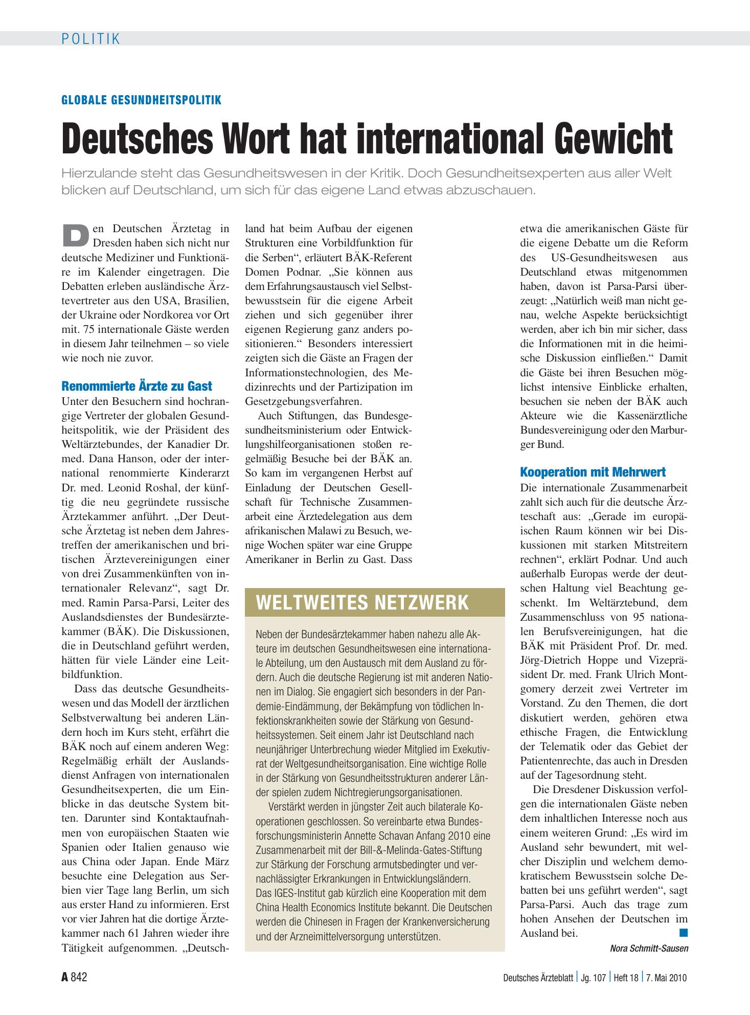 Vorschauseite 1: Globale Gesundheitspolitik: Deutsches Wort hat international Gewicht – Deutsches Ärzteblatt