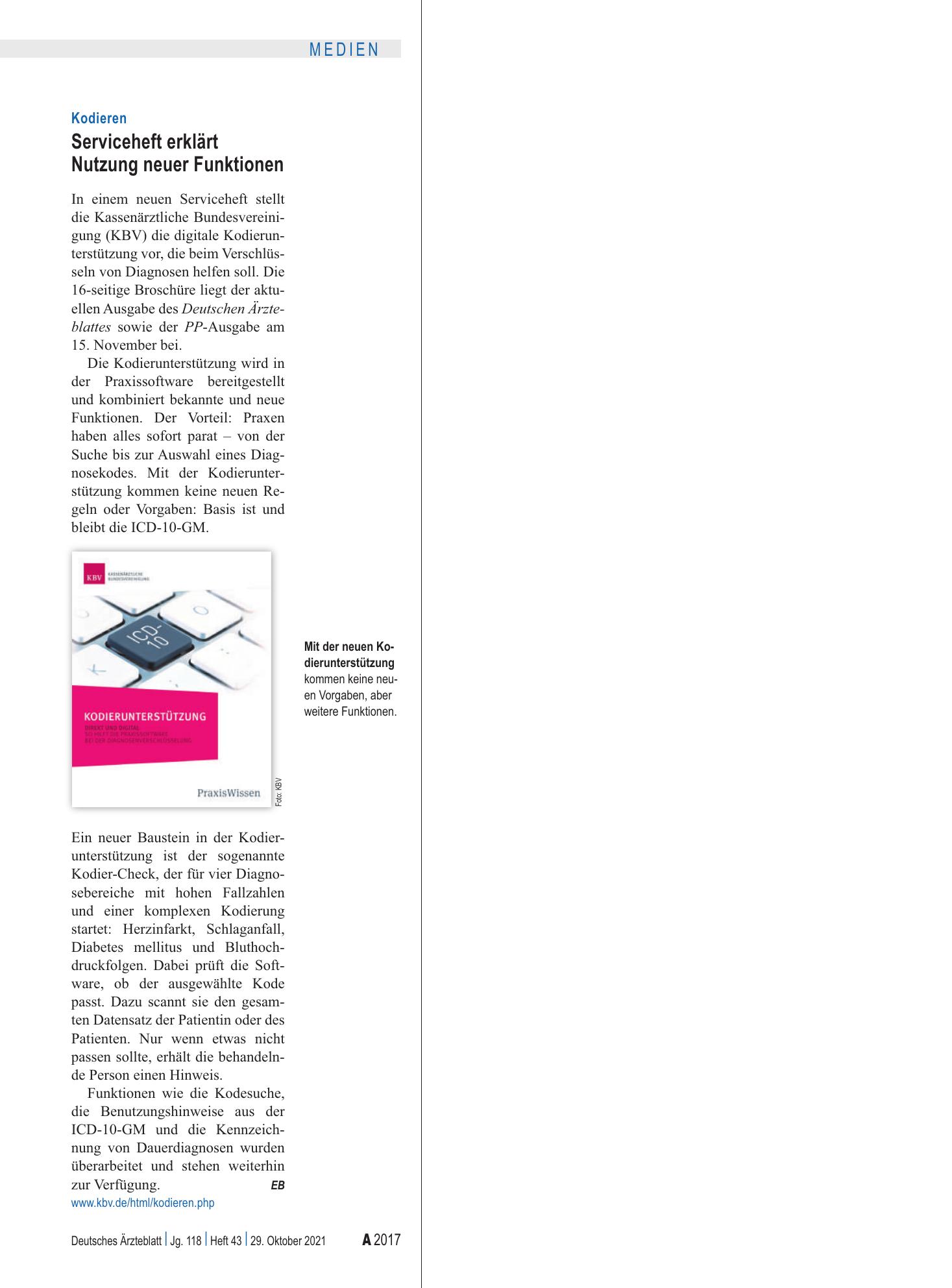 Vorschauseite 1: Kodieren: Serviceheft erklärt Nutzung neuer Funktionen – Deutsches Ärzteblatt
