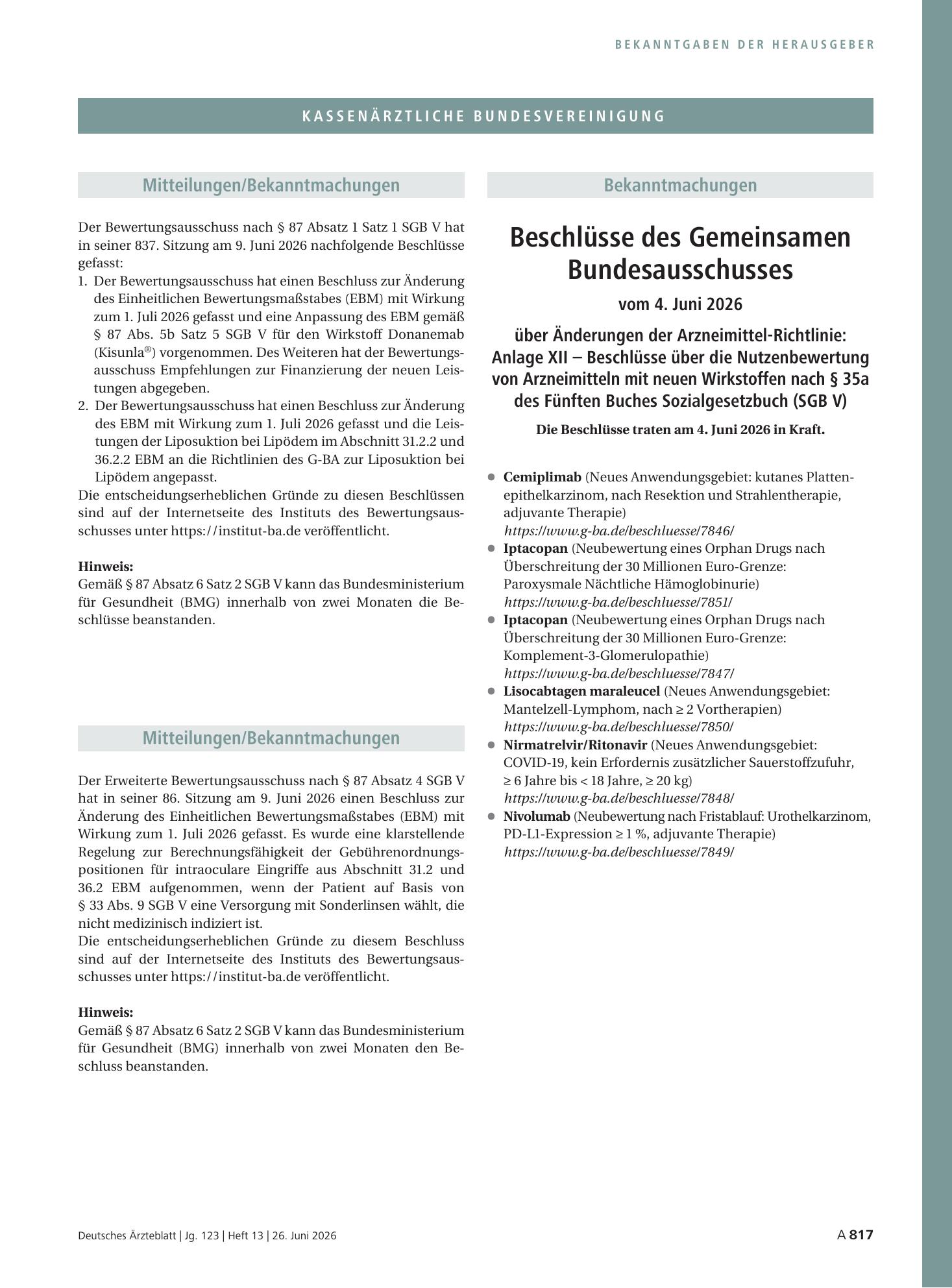 Vorschauseite 1: Mitteilungen / Bekanntmachungen – Deutsches Ärzteblatt