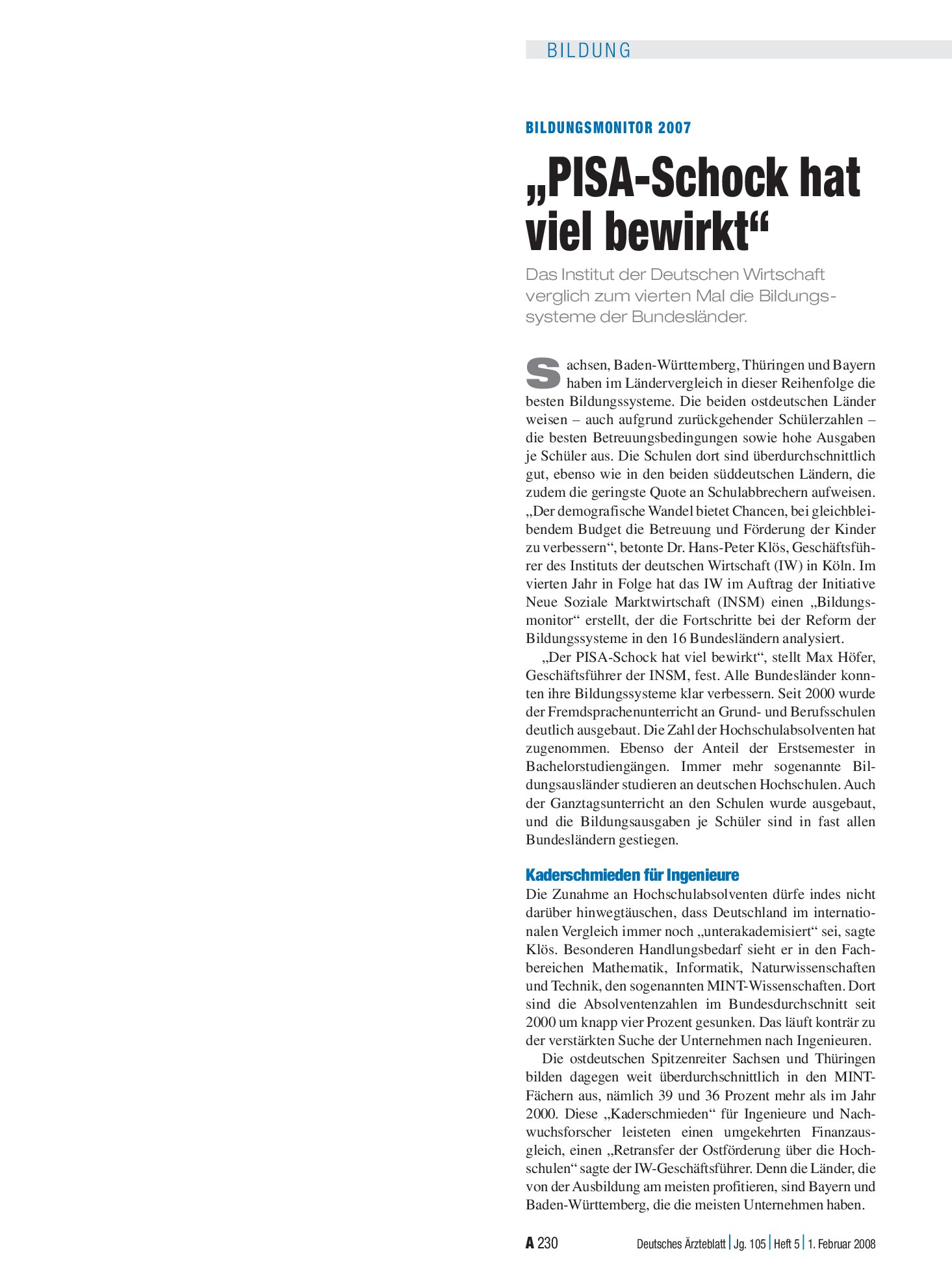 Vorschauseite 1: Bildungsmonitor 2007: „PISA-Schock hat viel bewirkt“ – Deutsches Ärzteblatt