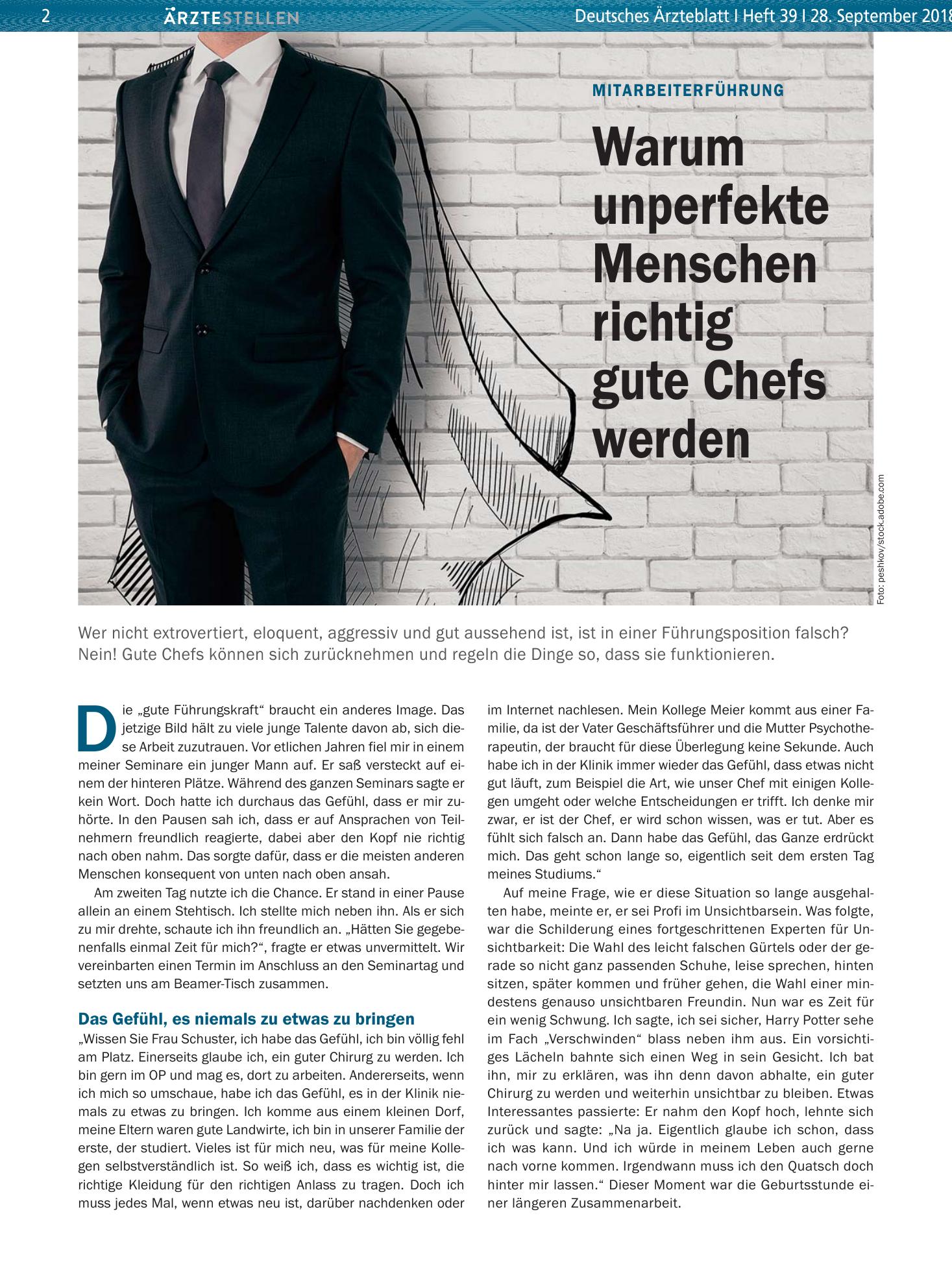 Vorschauseite 1: Mitarbeiterführung: Warum unperfekte Menschen richtig gute Chefs werden – Deutsches Ärzteblatt