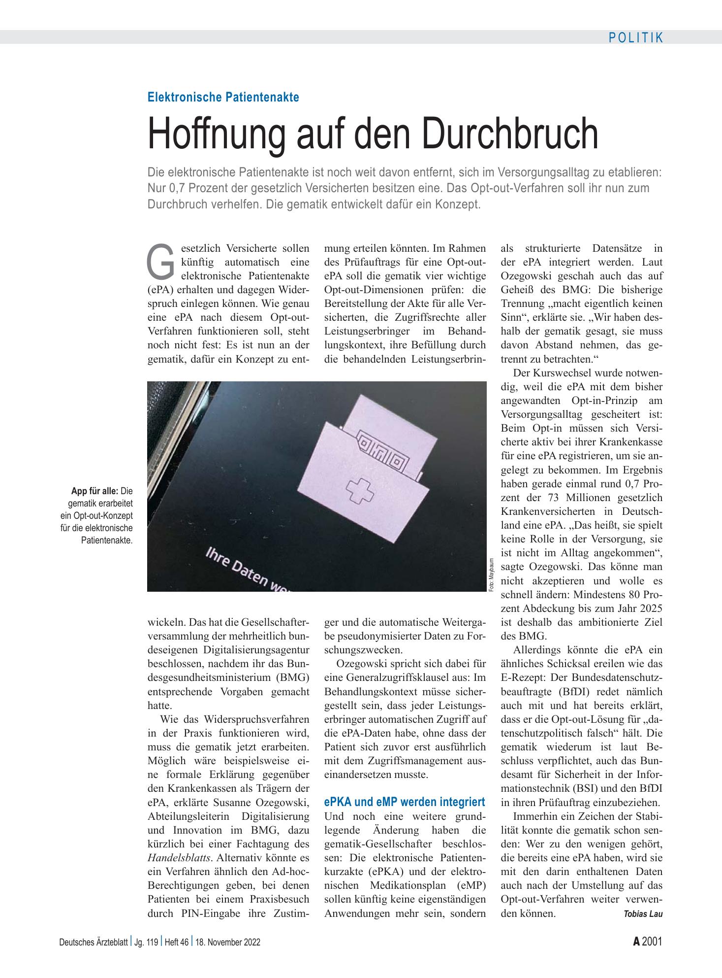 Vorschauseite 1: Elektronische Patientenakte: Hoffnung auf den Durchbruch – Deutsches Ärzteblatt