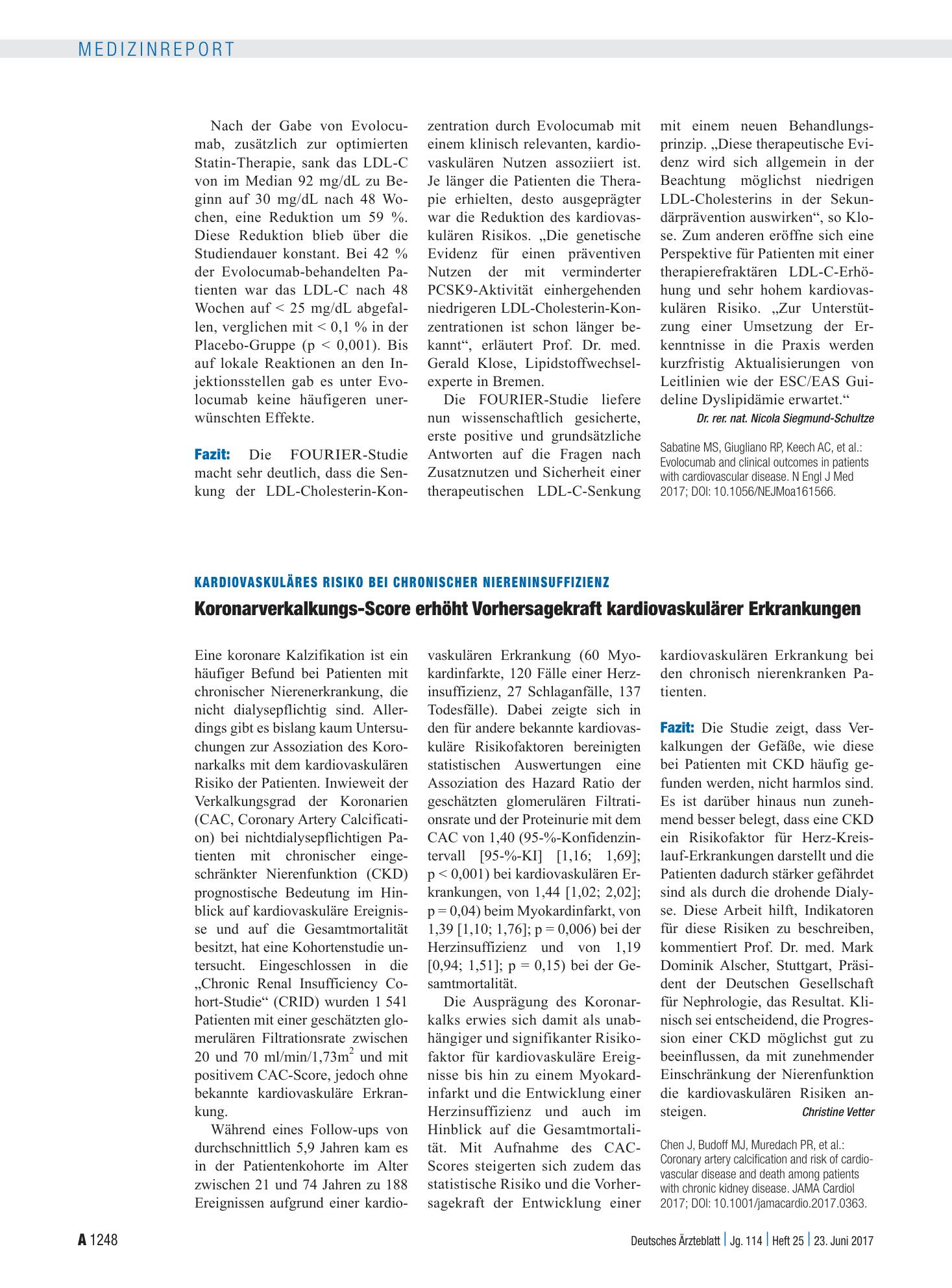 Vorschauseite 1: Kardiovaskuläres Risiko bei chronischer Niereninsuffizienz: Koronarverkalkungs-Score erhöht Vorhersagekraft kardiovaskulärer Erkrankungen – Deutsches Ärzteblatt