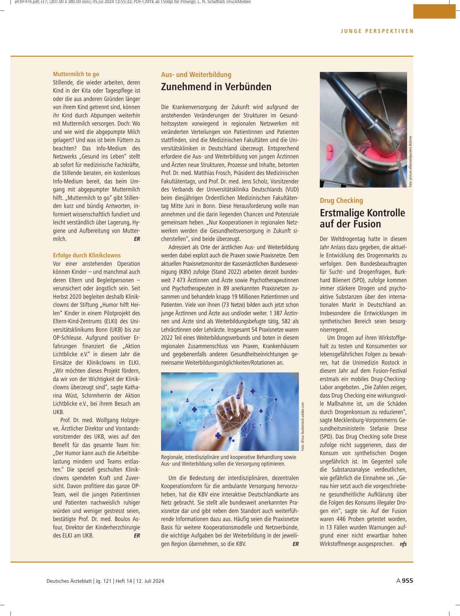 Vorschauseite 1: Muttermilch to go / Erfolge durch Klinikclowns – Deutsches Ärzteblatt
