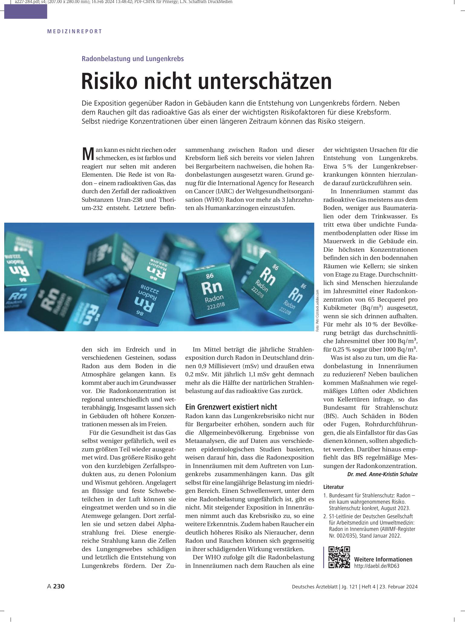 Vorschauseite 1: Radonbelastung und Lungenkrebs: Risiko nicht unterschätzen – Deutsches Ärzteblatt