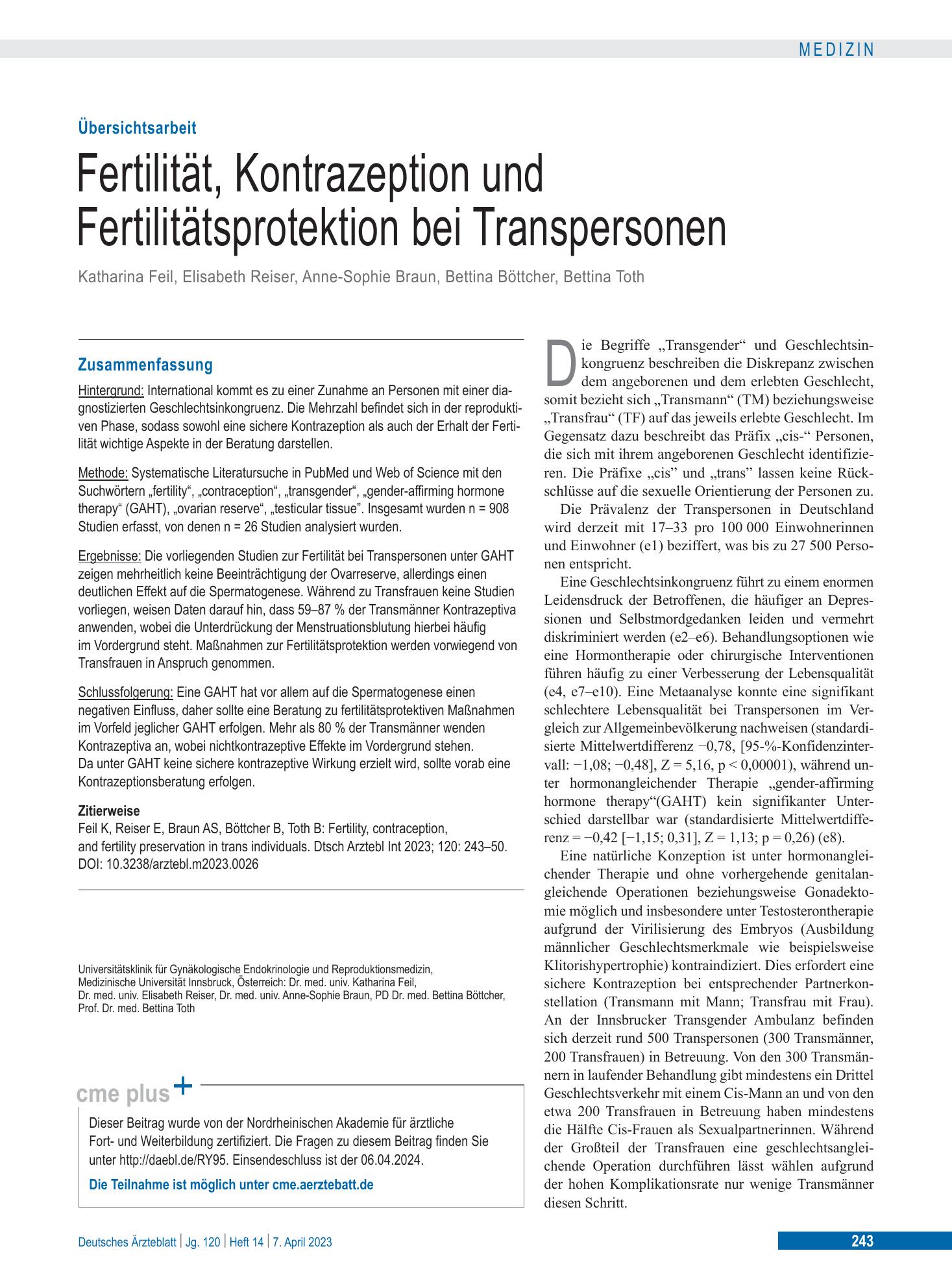 Vorschauseite 1: Fertilität, Kontrazeption und Fertilitätsprotektion bei Transpersonen – Deutsches Ärzteblatt