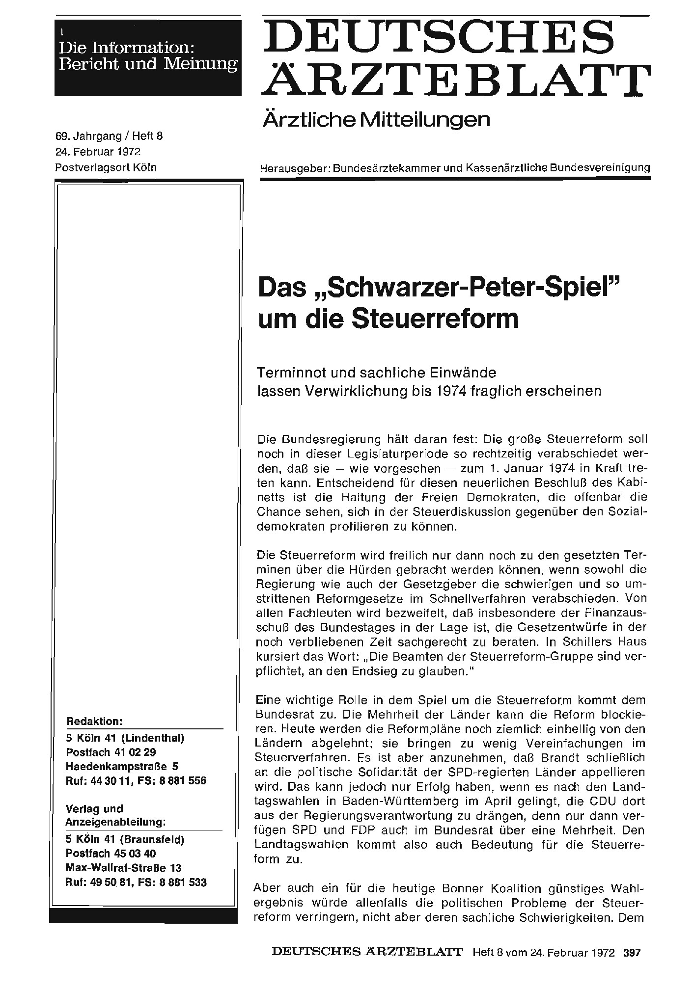 Vorschauseite 1: Das „Schwarzer-Peter-Spiel" um die Steuerreform